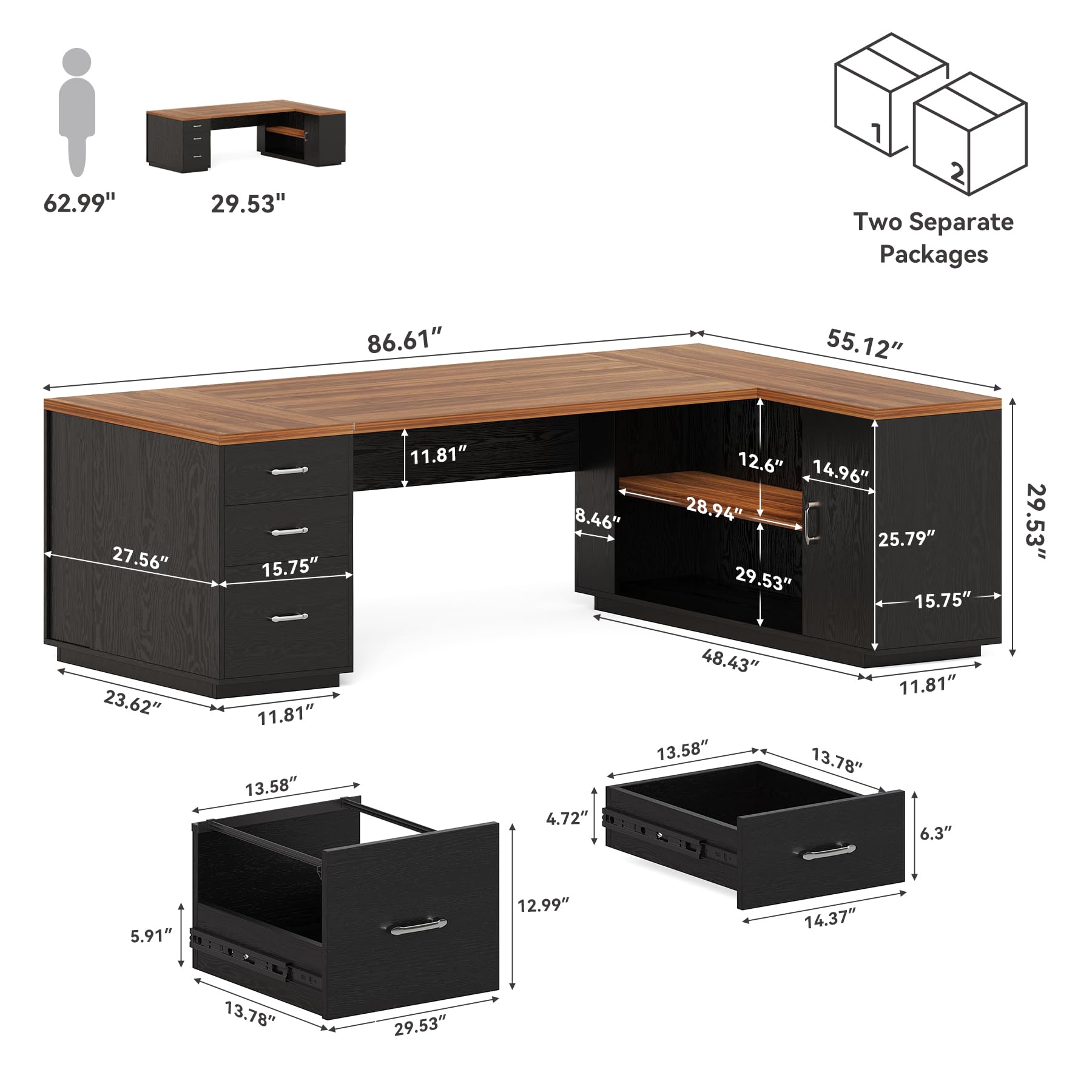 87-Inch Modern Executive Desk with File Cabinet