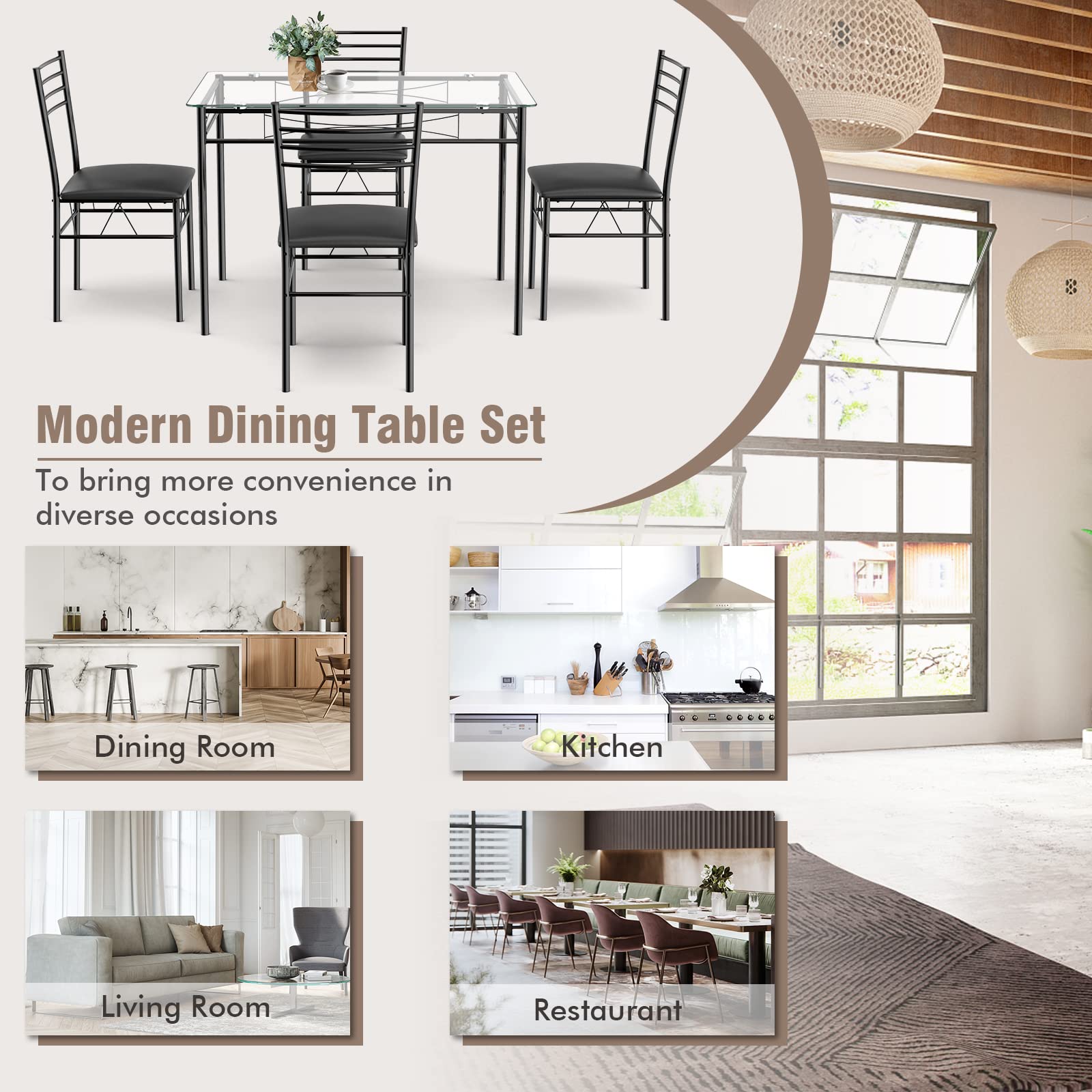 5-Piece Dining Set with Tempered Glass Table