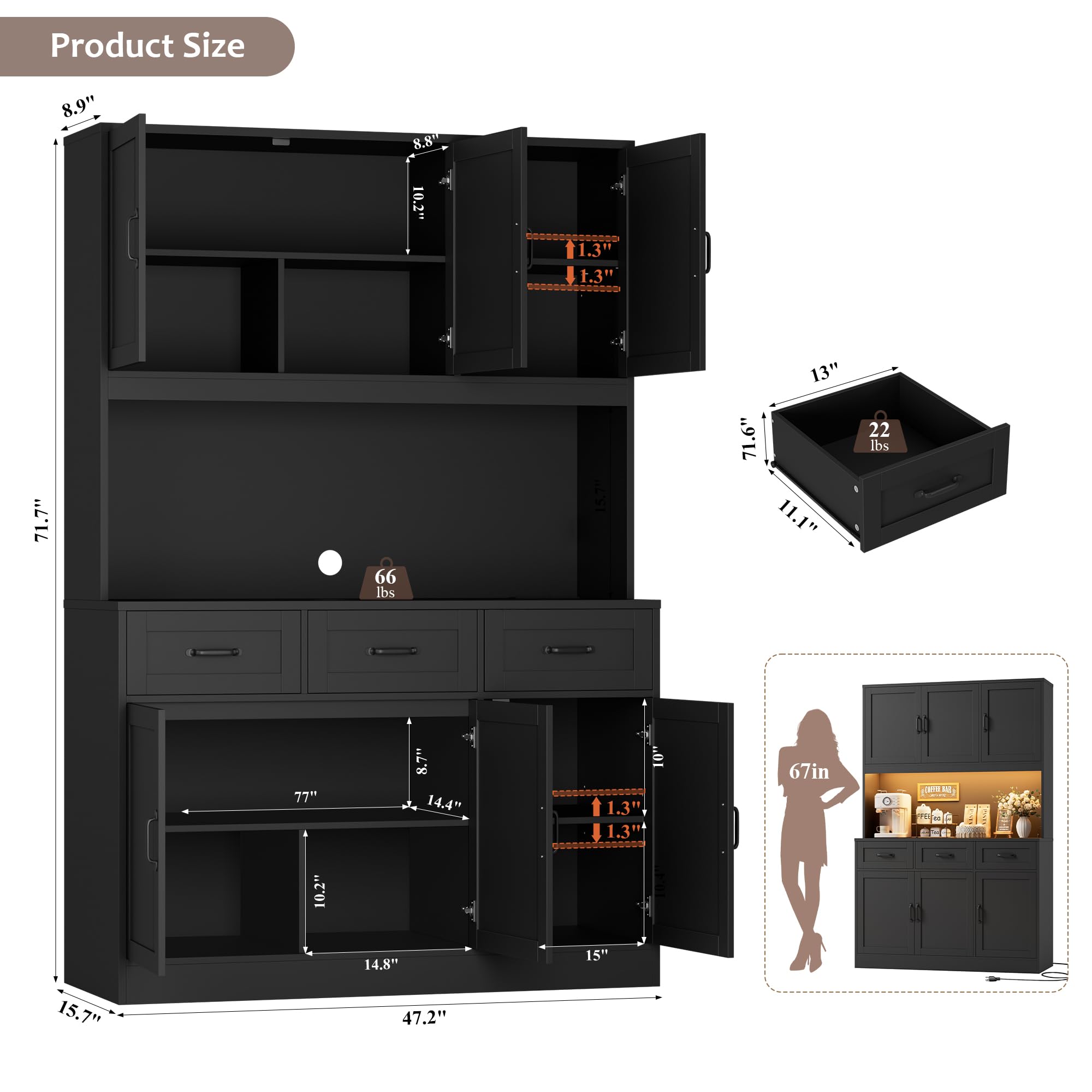72" Kitchen Pantry Cabinet with LED Lights
