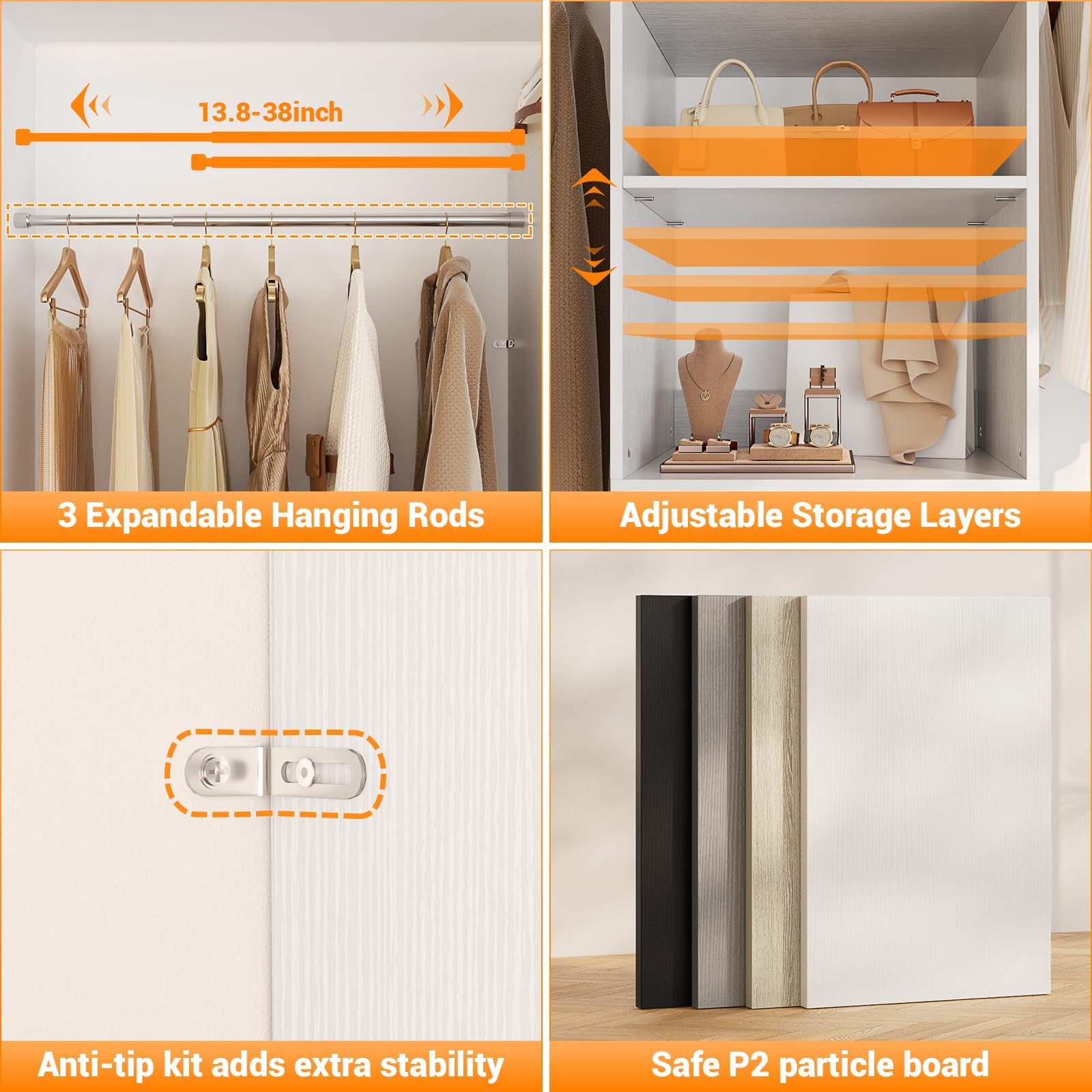 Walk-In Closet Organizer System with Hanging Rods and Drawers