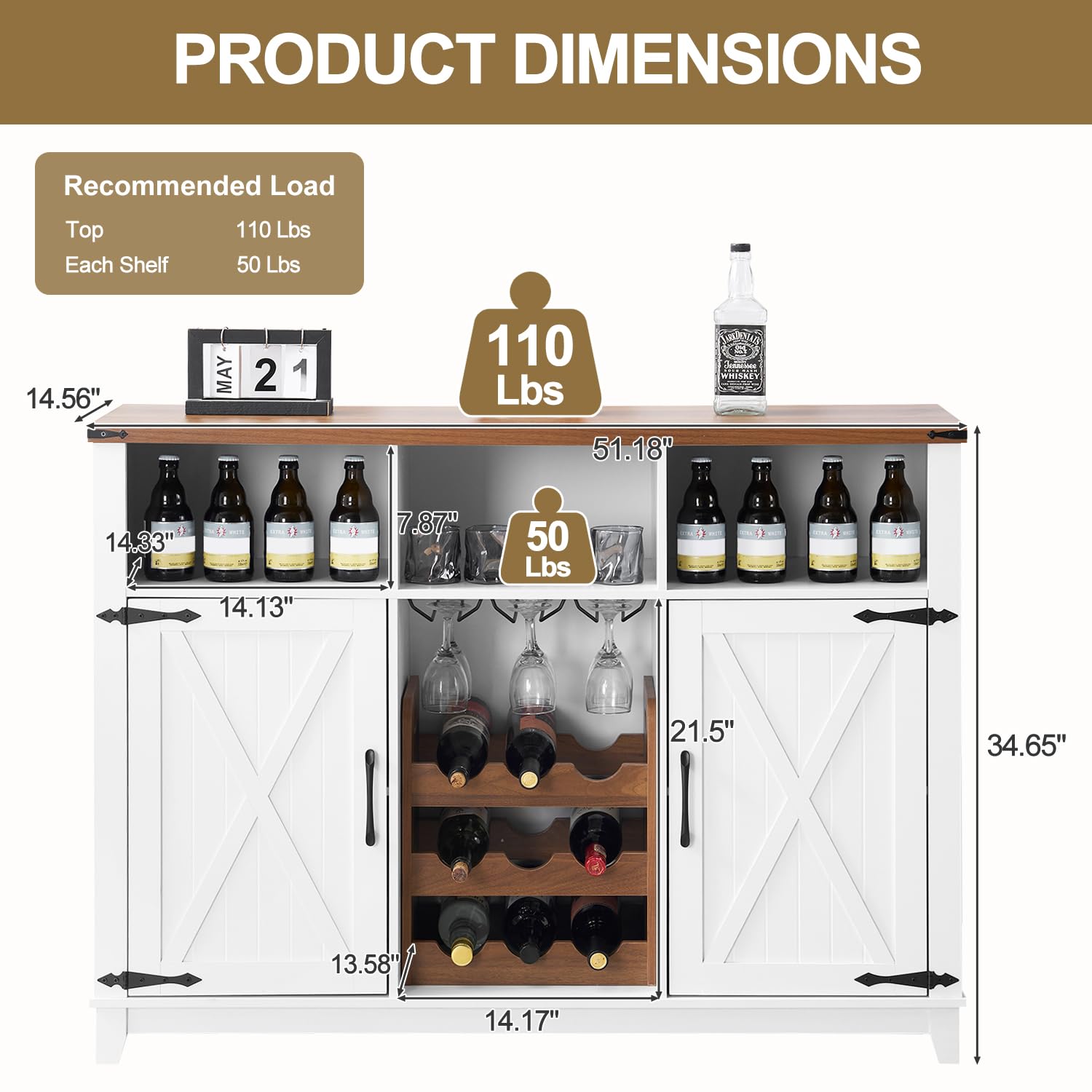 Farmhouse Wine Bar Cabinet with Detachable Wine Rack