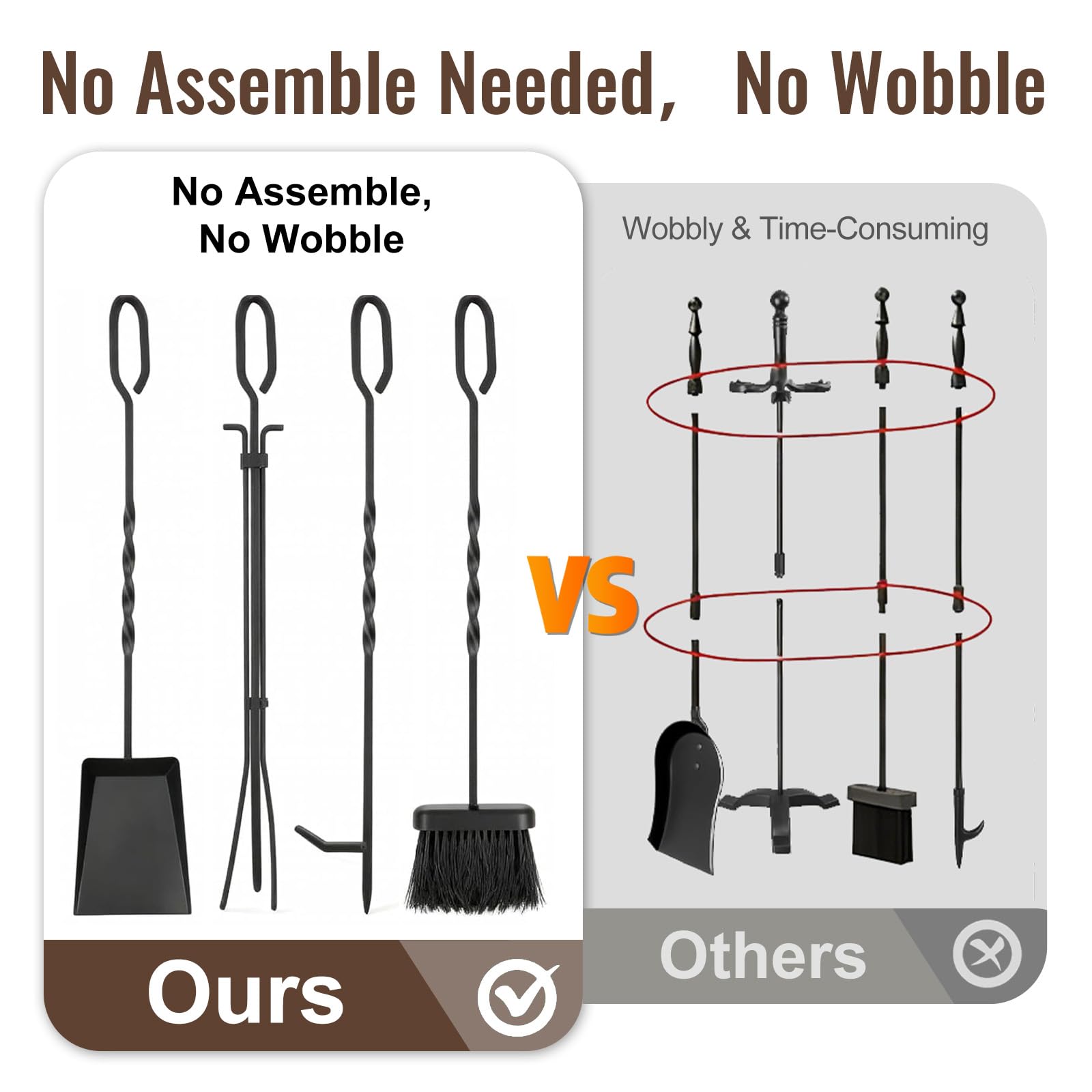 5-Piece Fireplace Tool Set with Handles - Wrought Iron