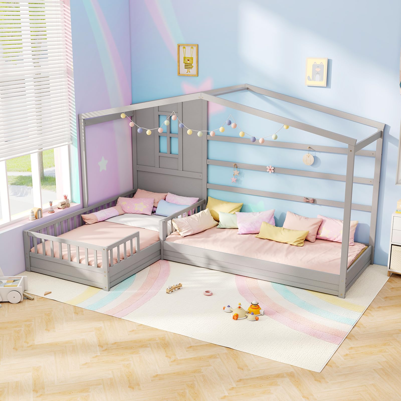 Double Twin L-Shaped House Bed with Window and Fences