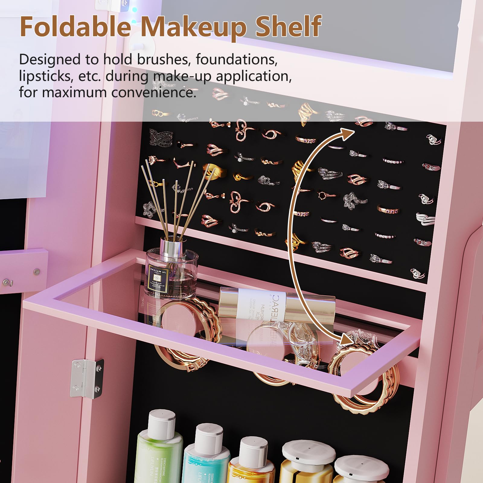 Arched Mirror Jewelry Cabinet with LED & 360° Swivel