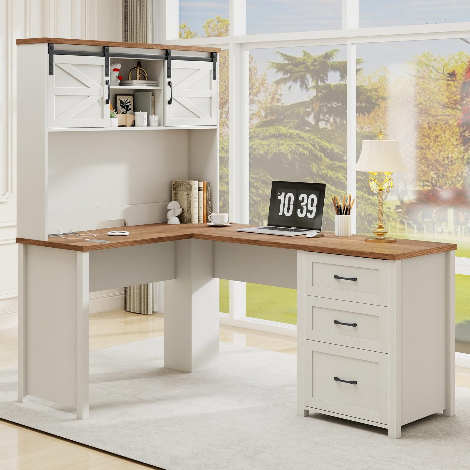 68H L-Shaped Desk with Hutch and Charging Station