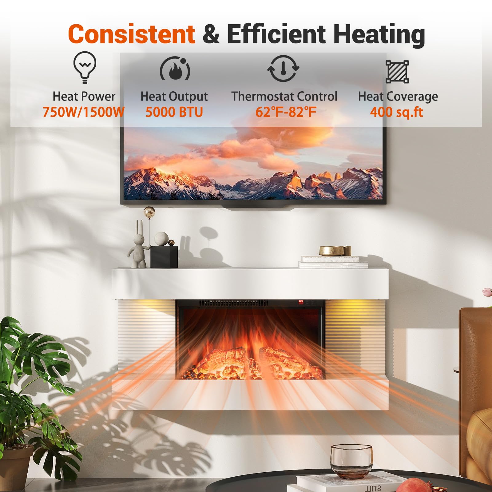 32" Wall Mounted Electric Fireplace with Remote Control