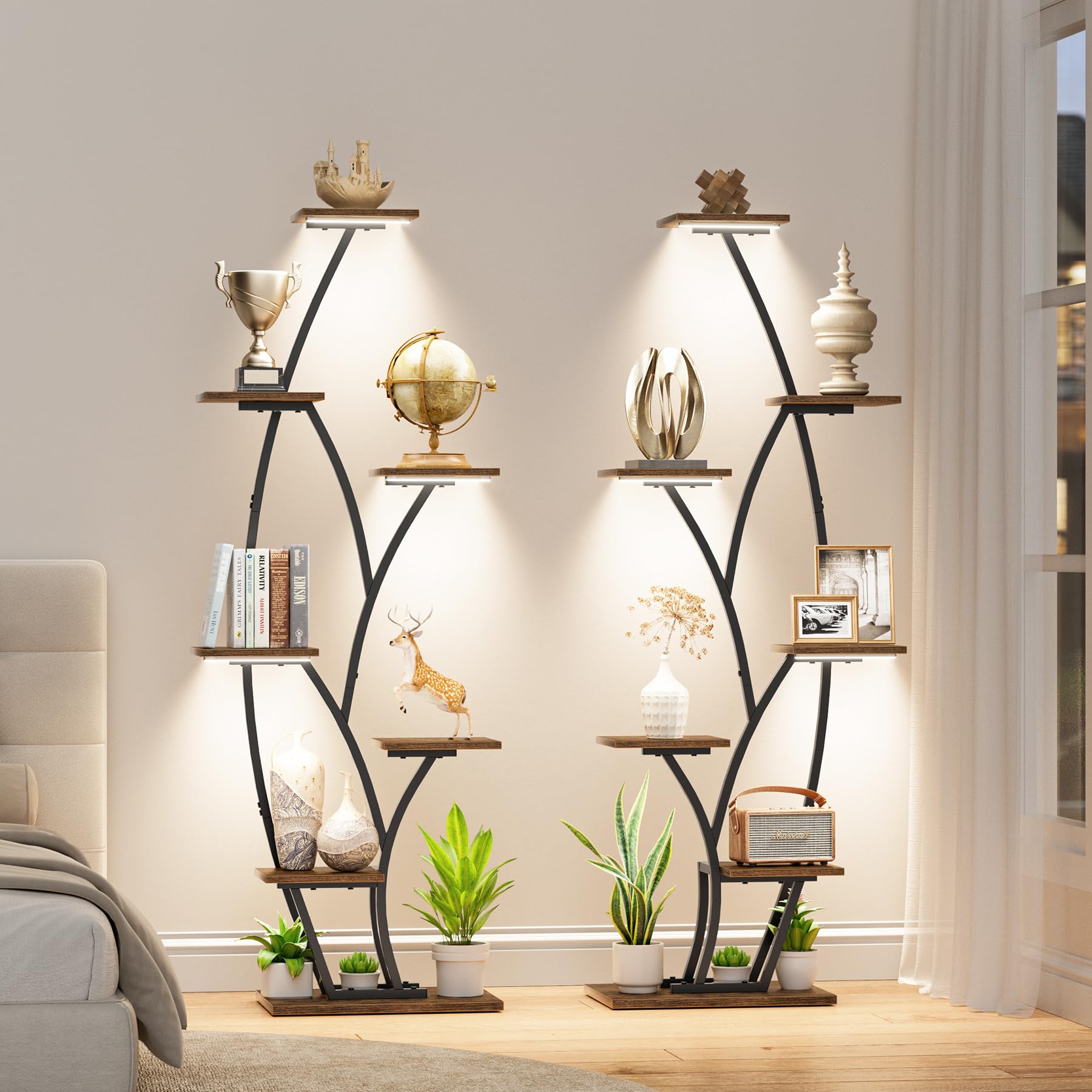 Plant Stand Indoor with Grow Lights - Lighted Indoor Plant Shelf Tall, 61" 7 Tier Large Plant Stands for Indoor Growing, 2 Pack Corner Flower Shelves, Half-Moon Metal Holder for Home Living Room Black