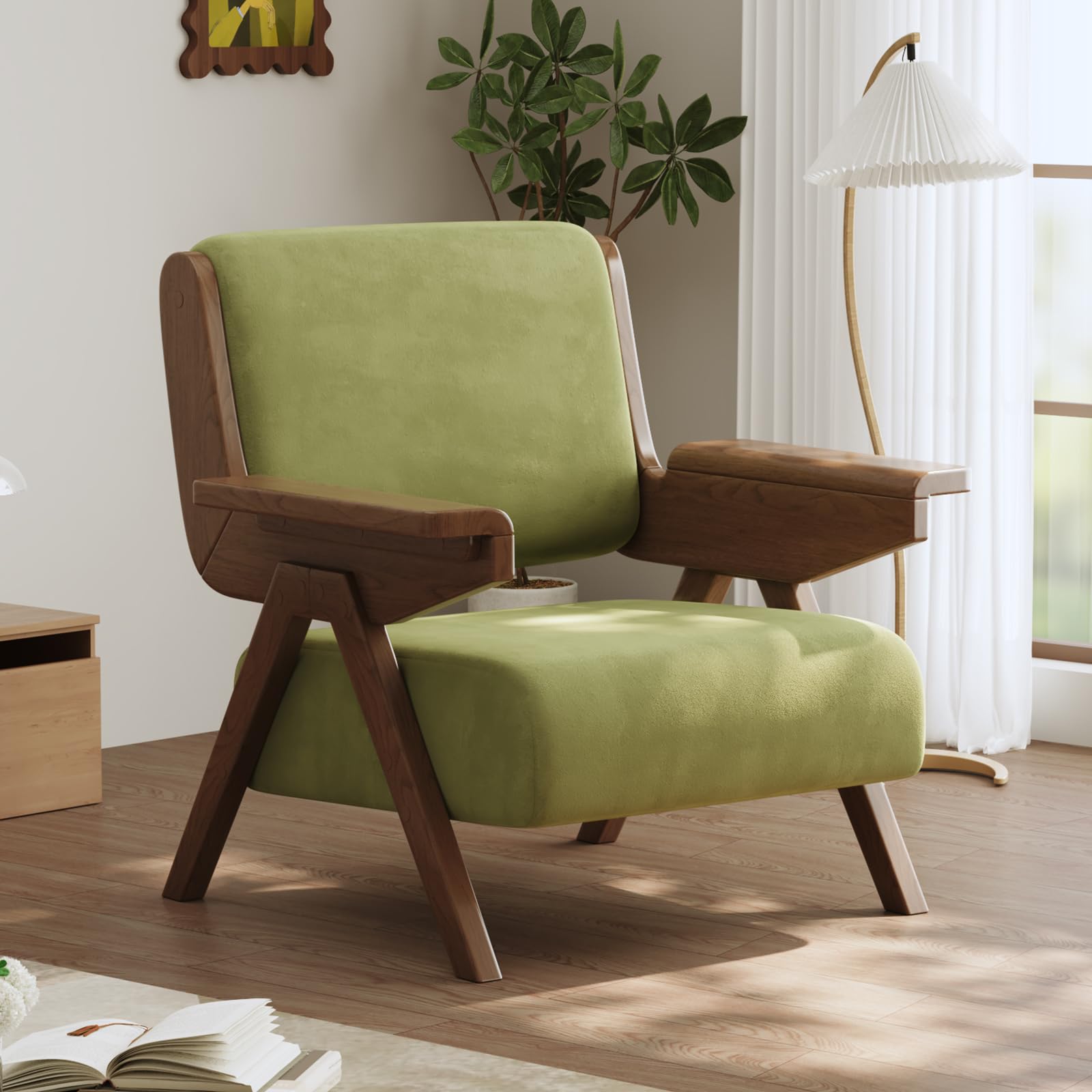 Velvet Accent Chair Solid Wood Frame Green
