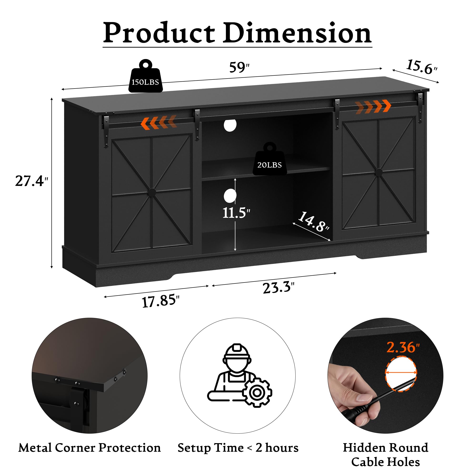 TV Stand for 55-65 Inch TV with Sliding Barn Doors