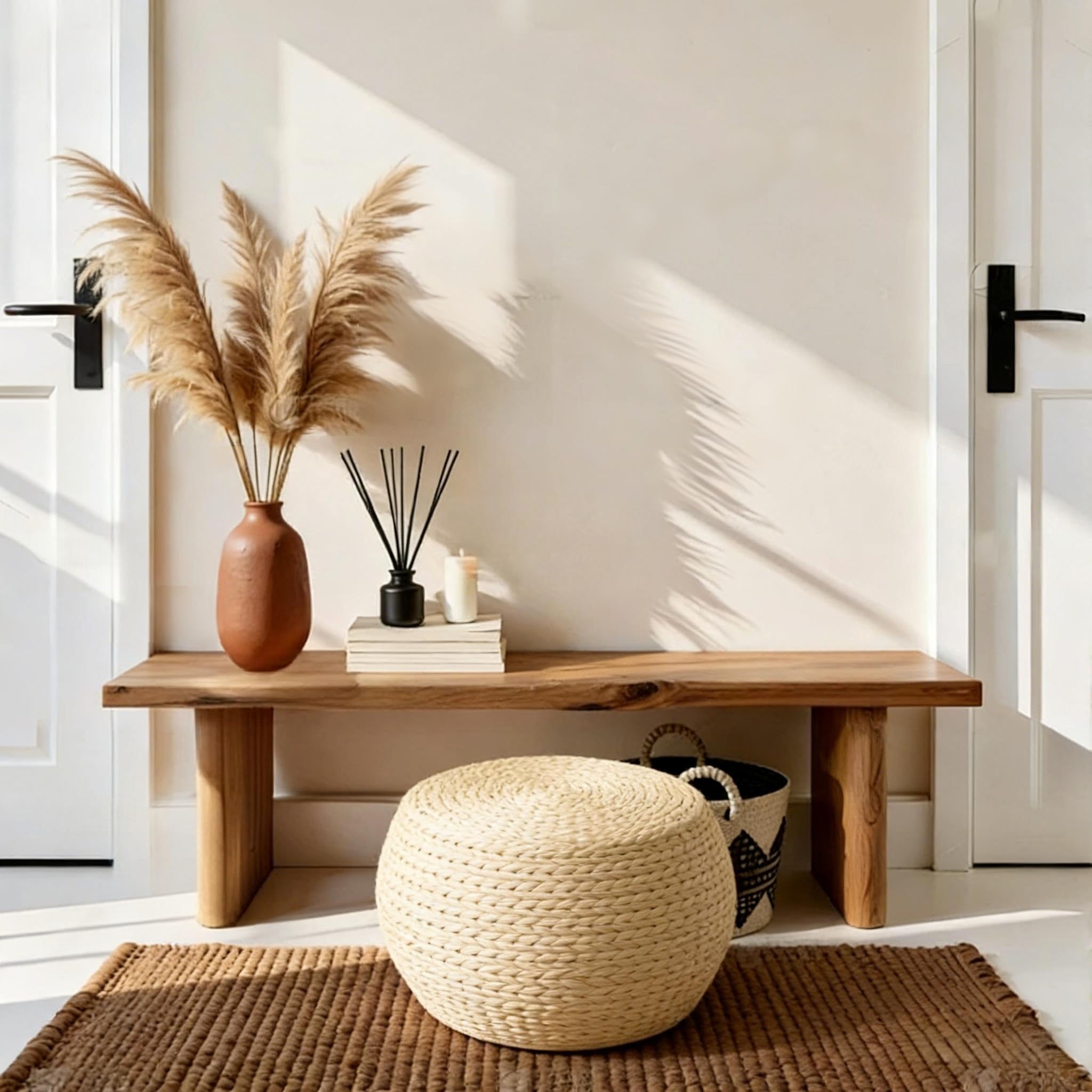 Handwoven Straw Round Pouf Ottoman