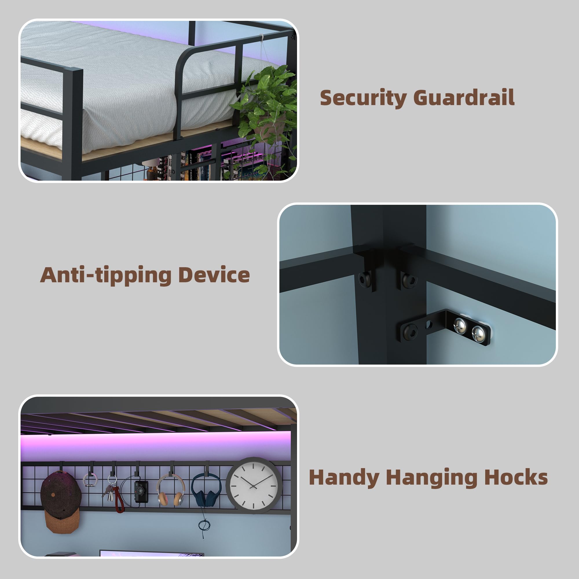 Twin Size Loft Bed with Desk and LED Lights