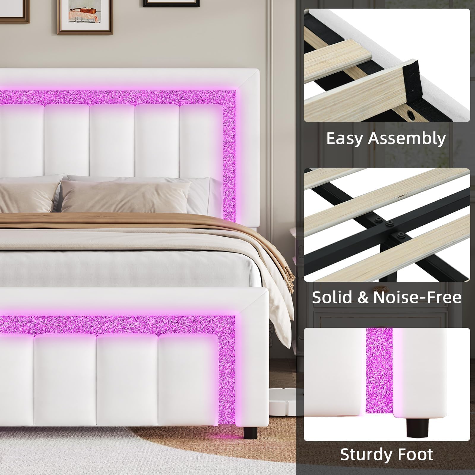 Queen LED Bed Frame with Diamond Tufted Headboard