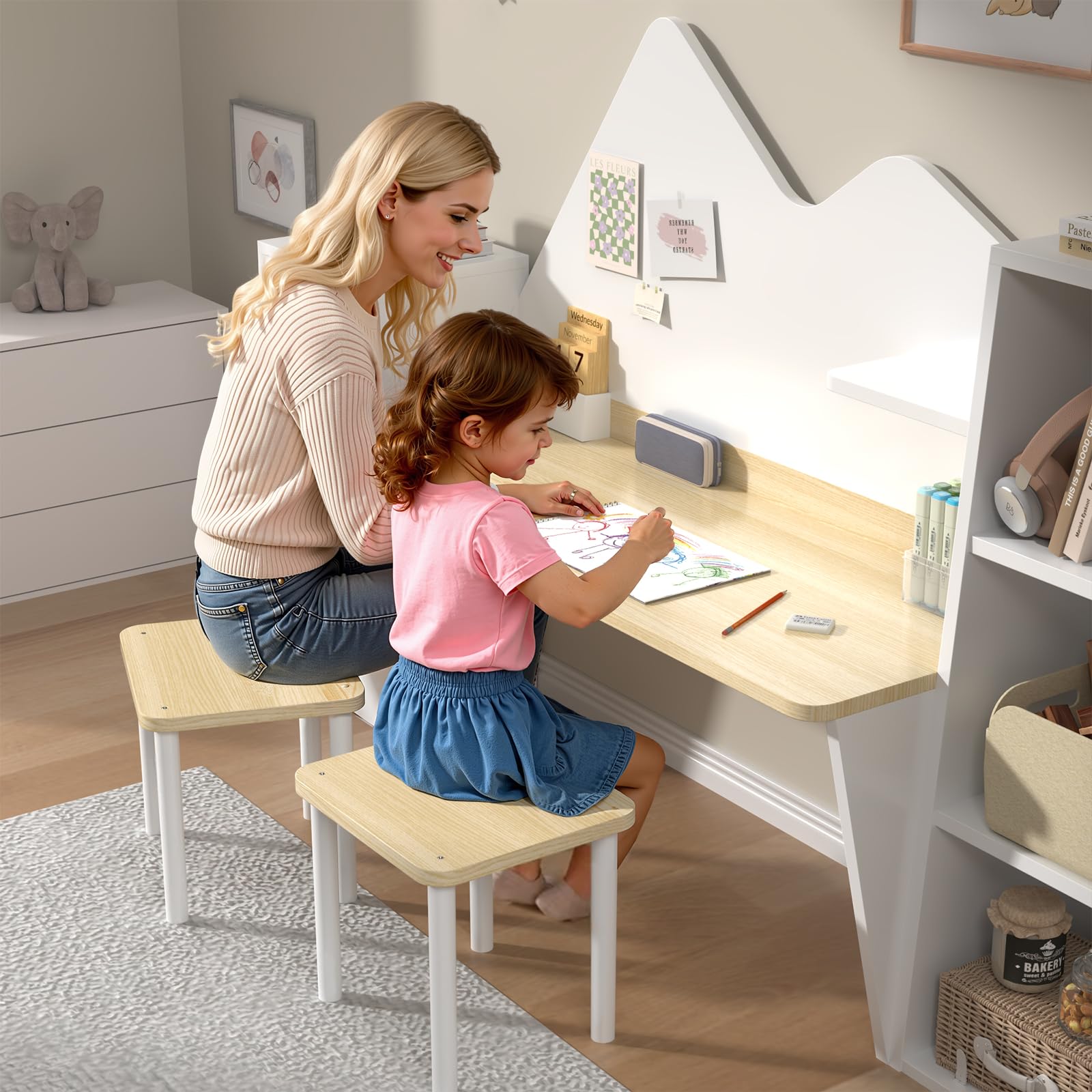 Wooden White Kids Double Study Desk and Chair Set