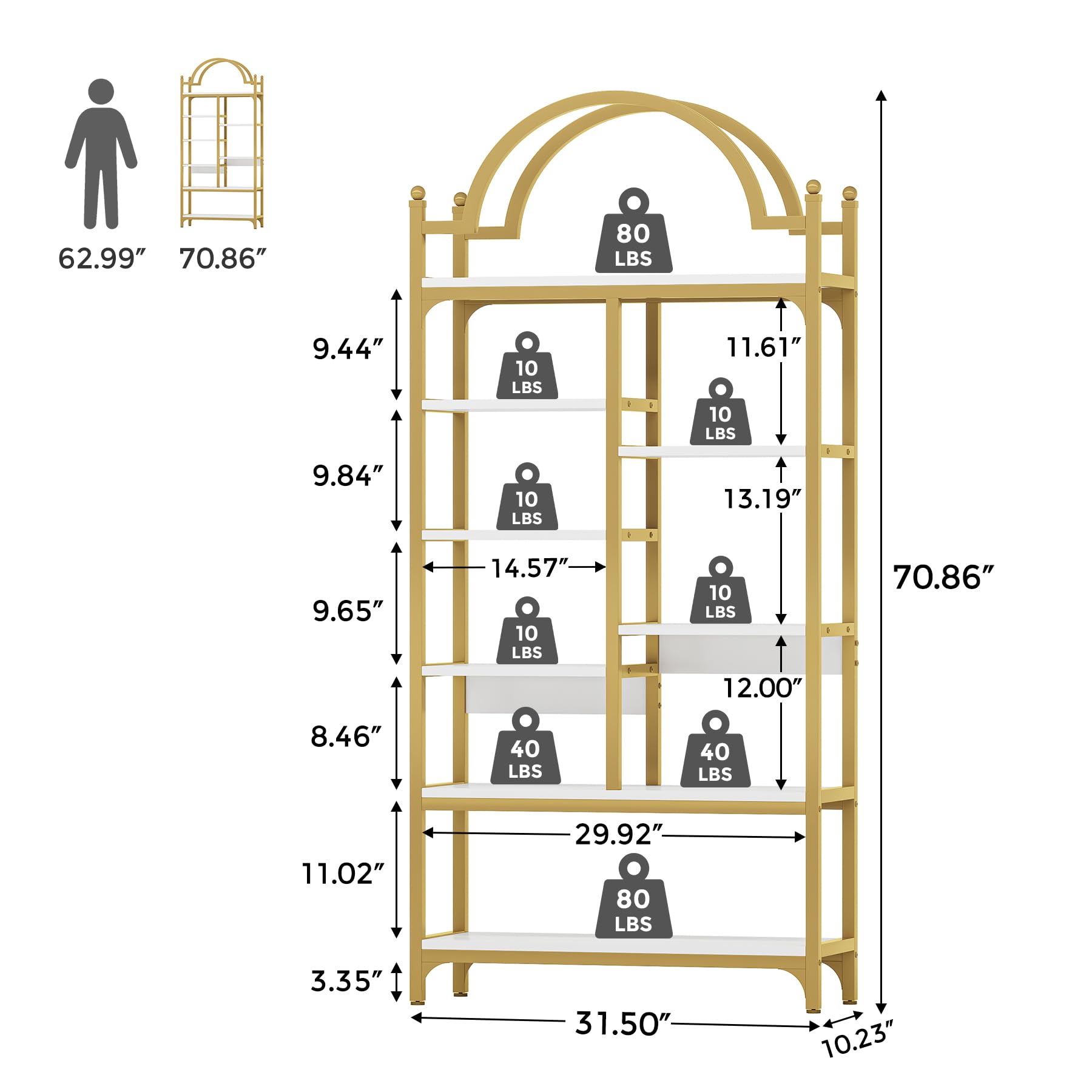 71 Inch Tall Gold Bookshelf 8-Tier Modern Arched Etagere