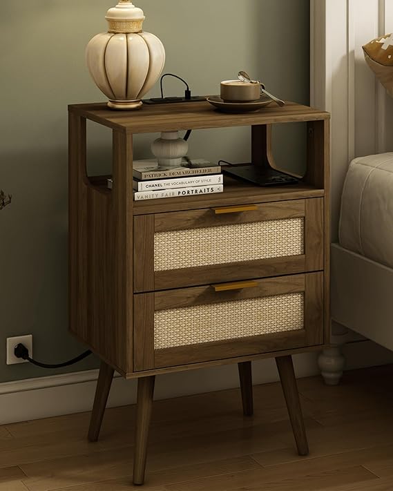 Rattan Nightstand with Charging Station