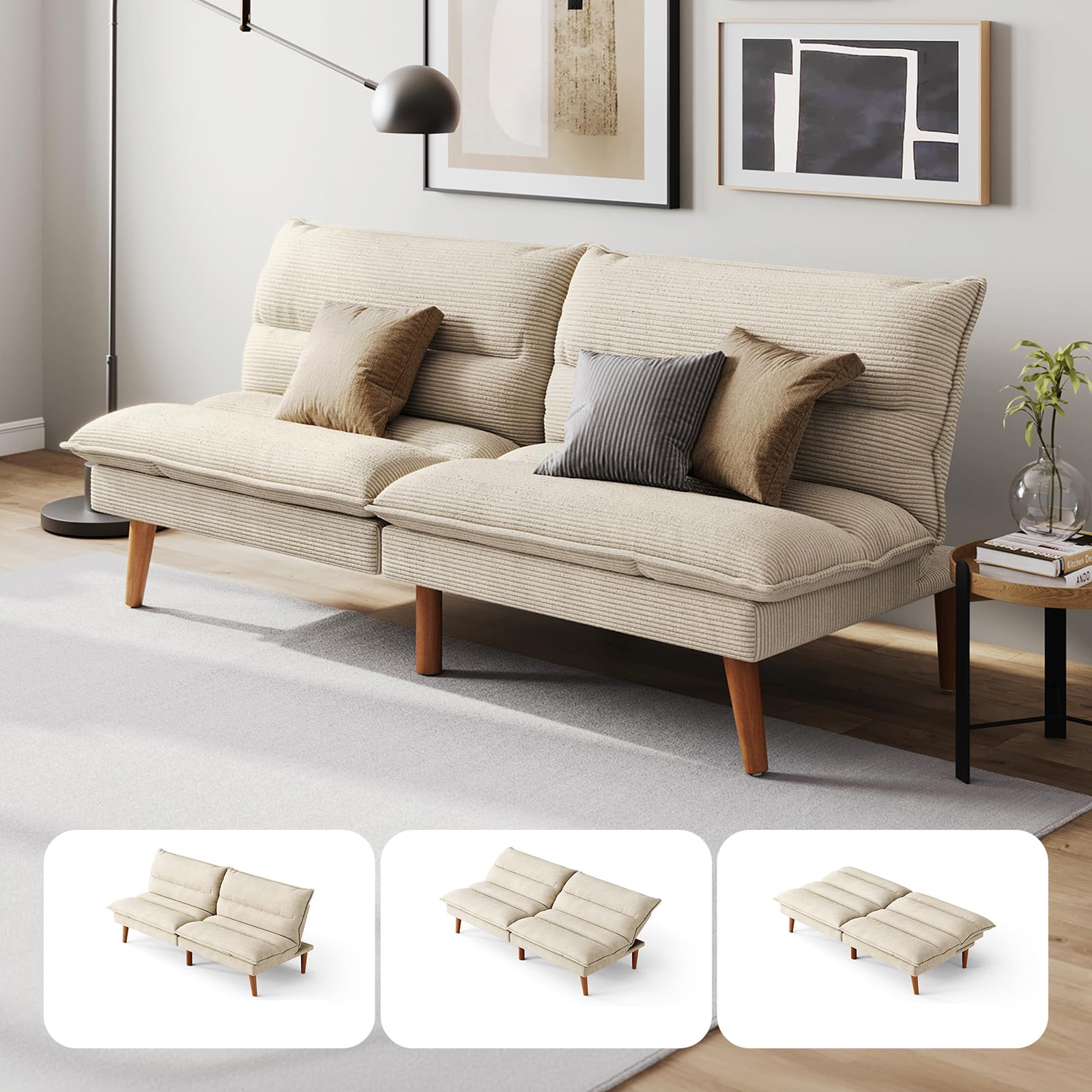 Convertible Corduroy Futon Sofa Bed with Adjustable Backrest