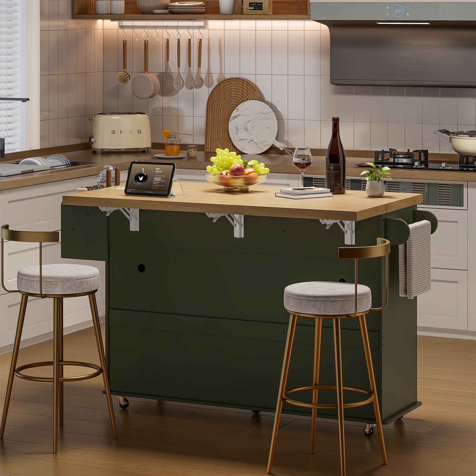 Kitchen Island with Power Outlet and Drop Leaf