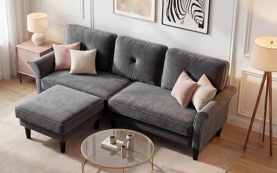 83" Velvet Sectional Couch with Moveable Ottoman