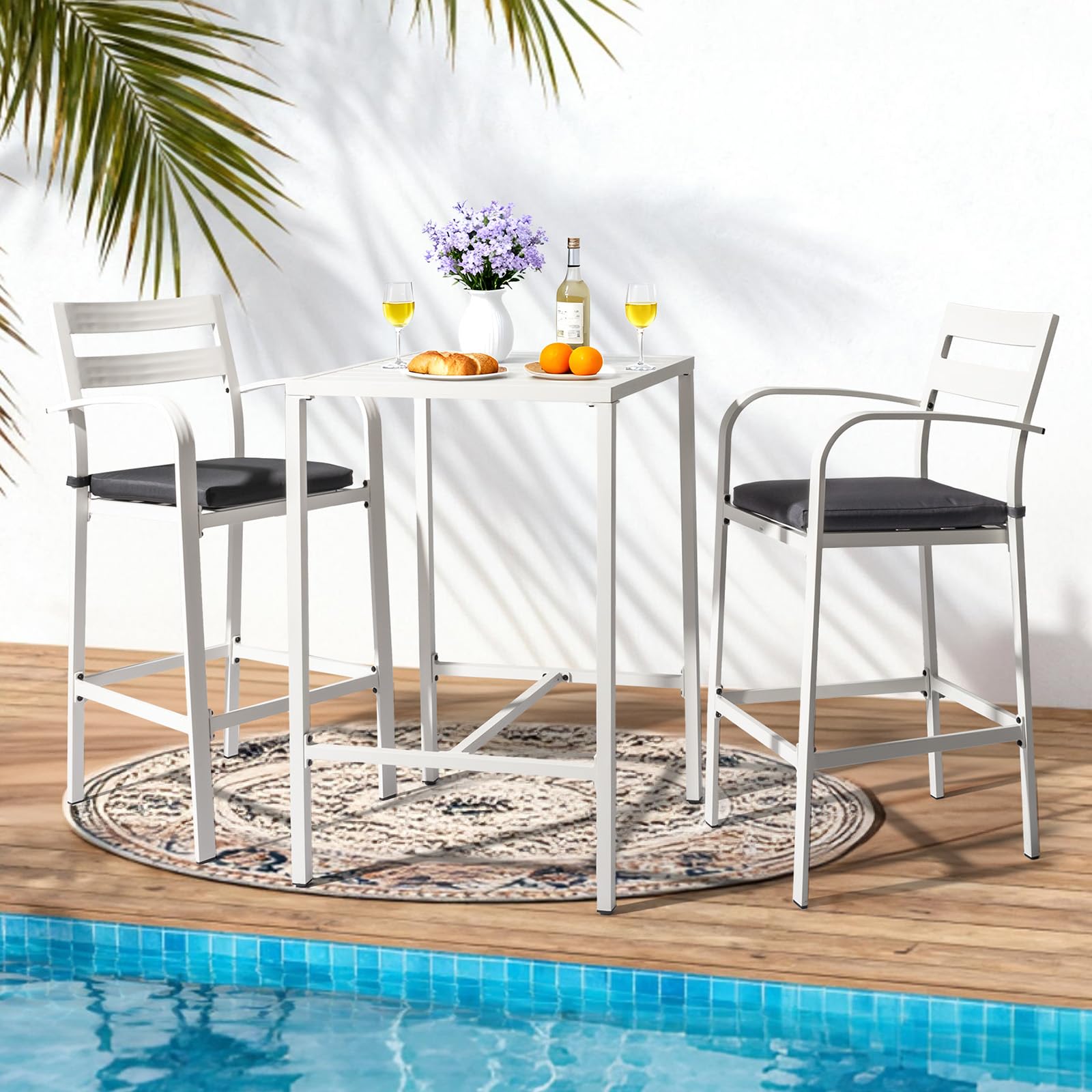3-Piece Outdoor Bar Set with Aluminum Table and Cushioned Chairs