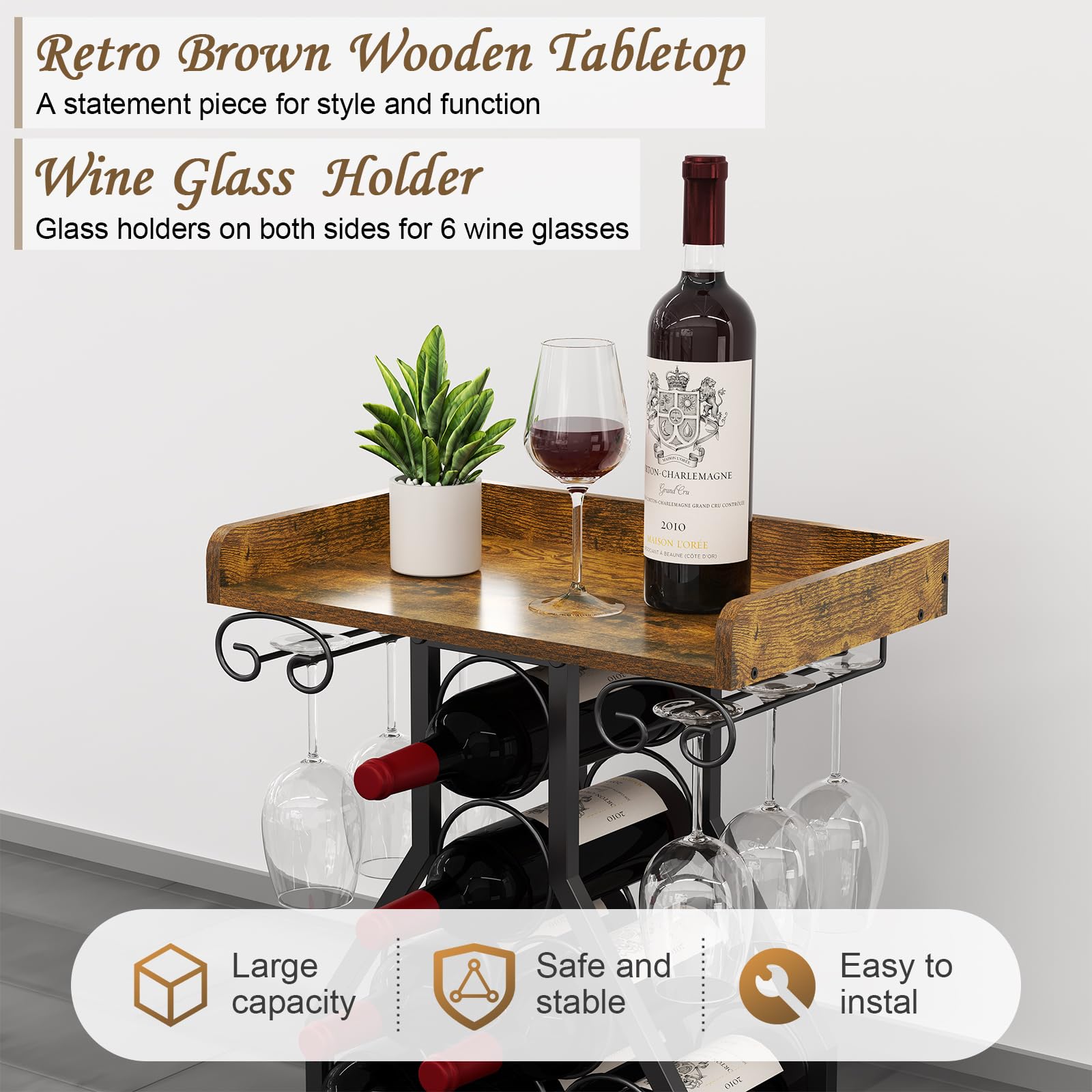 Wine Rack Freestanding Floor Storage with Glass Holder