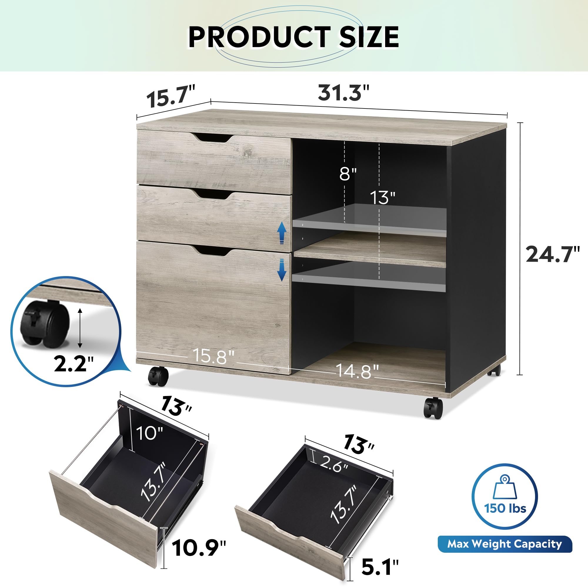 3-Drawer Mobile Filing Cabinet with Printer Stand
