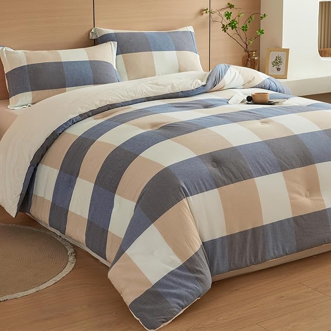 3-Piece Queen Cotton Comforter Set Grey White Plaid