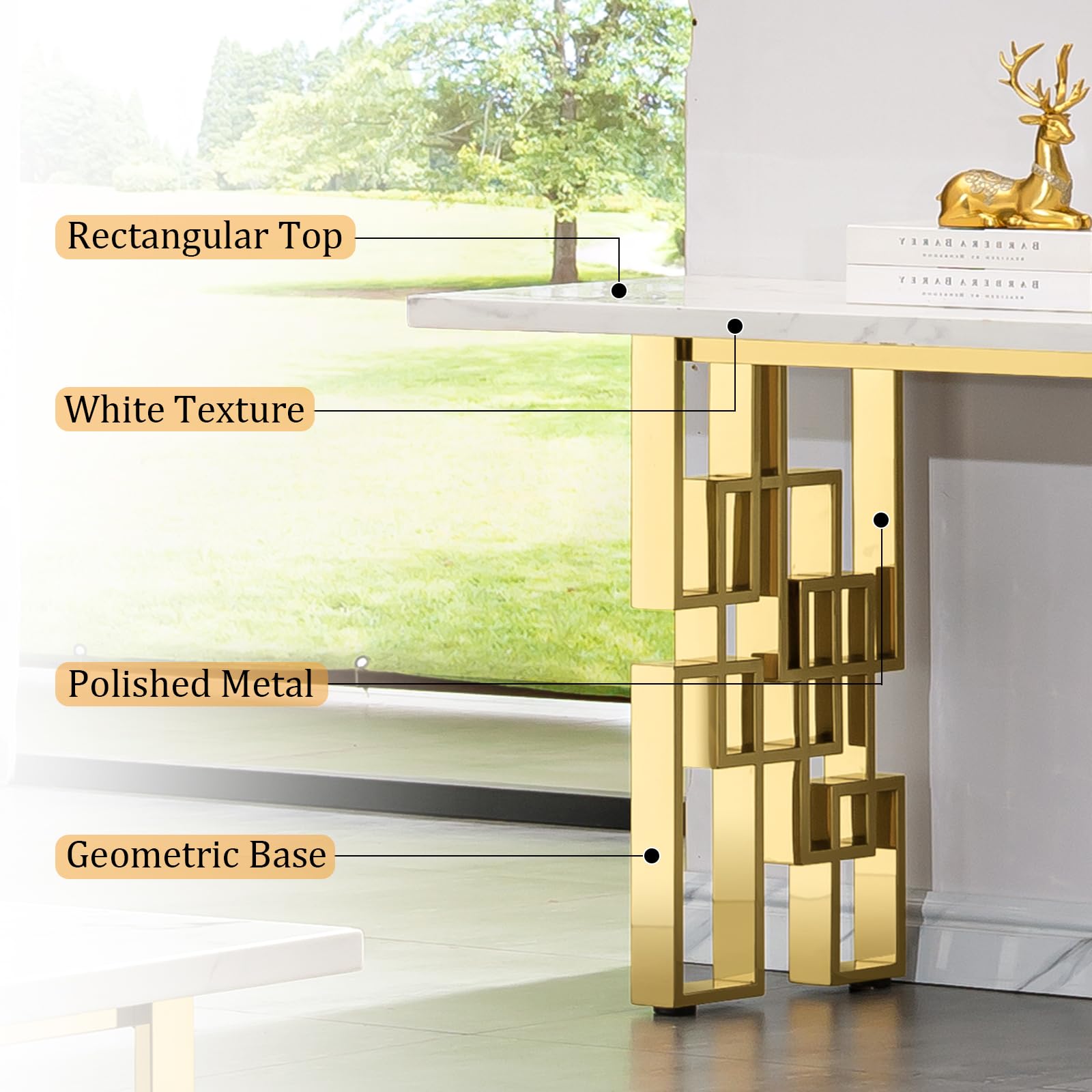 55" White Gold Console Table - Modern Rectangle Entryway Sofa Table