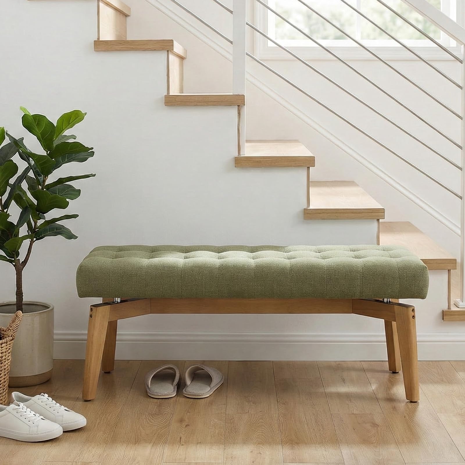 Tufted Linen Upholstered Bench 45.5"