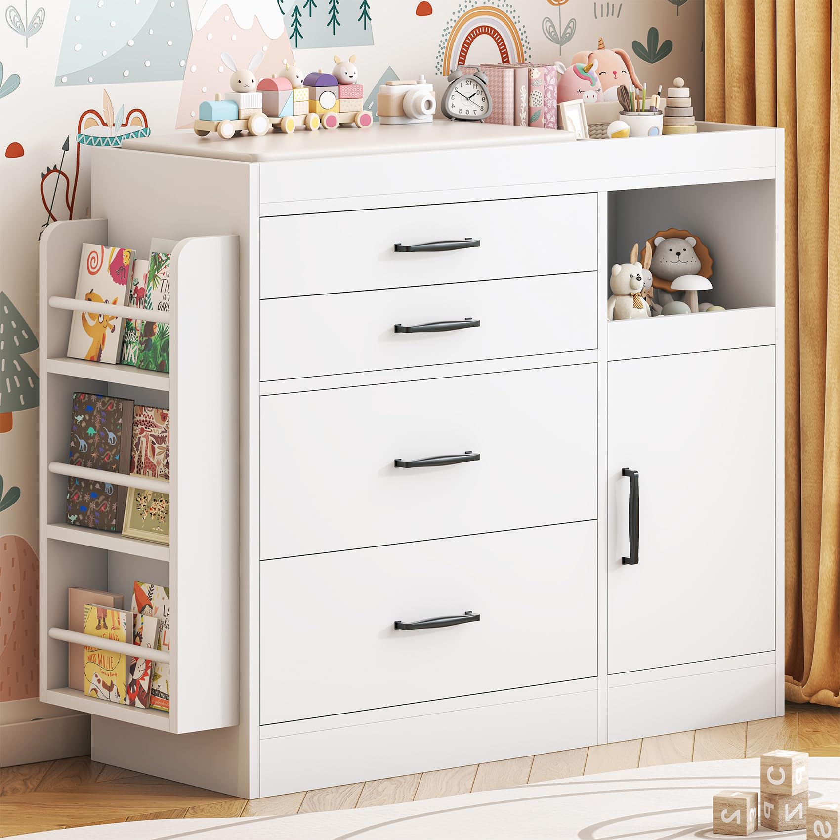Changing Table Dresser with 4 Drawers Cabinet and Open Shelves
