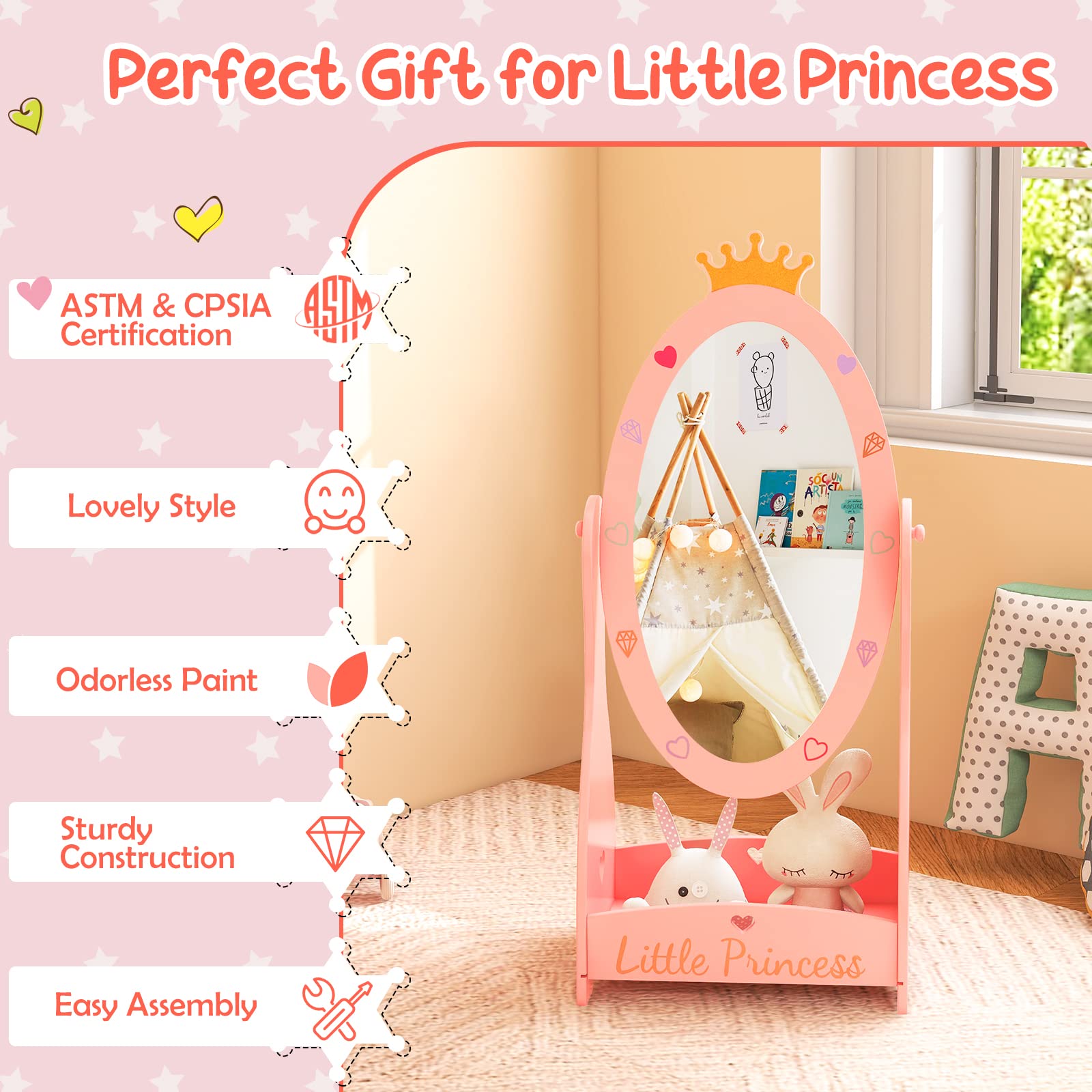 Kids Princess Floor Mirror with Storage Shelf