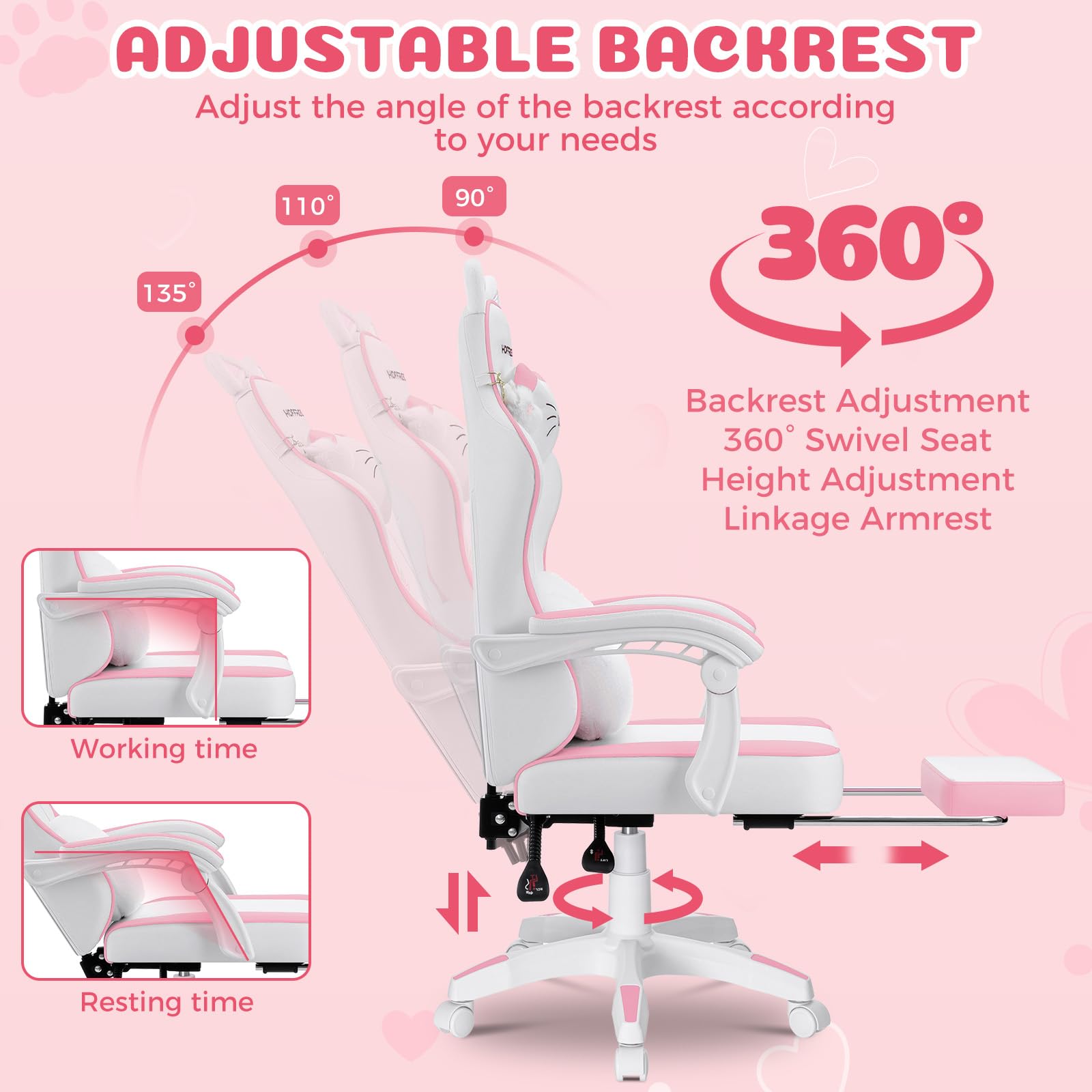 Pink Gaming Chair with Cat Ears and Massage Lumbar