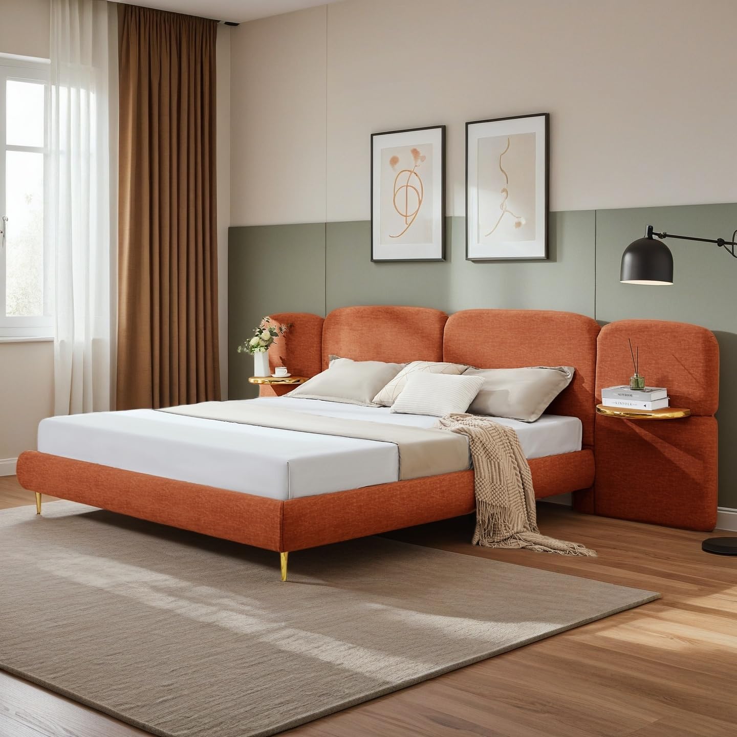 King Upholstered Platform Bed Frame with Integrated Nightstands