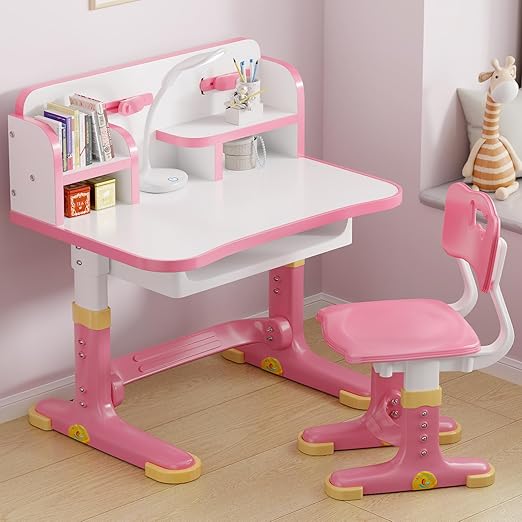 Kids Desk and Chair Set - Height Adjustable Study Writing Table with Bookstand and Storage Drawer