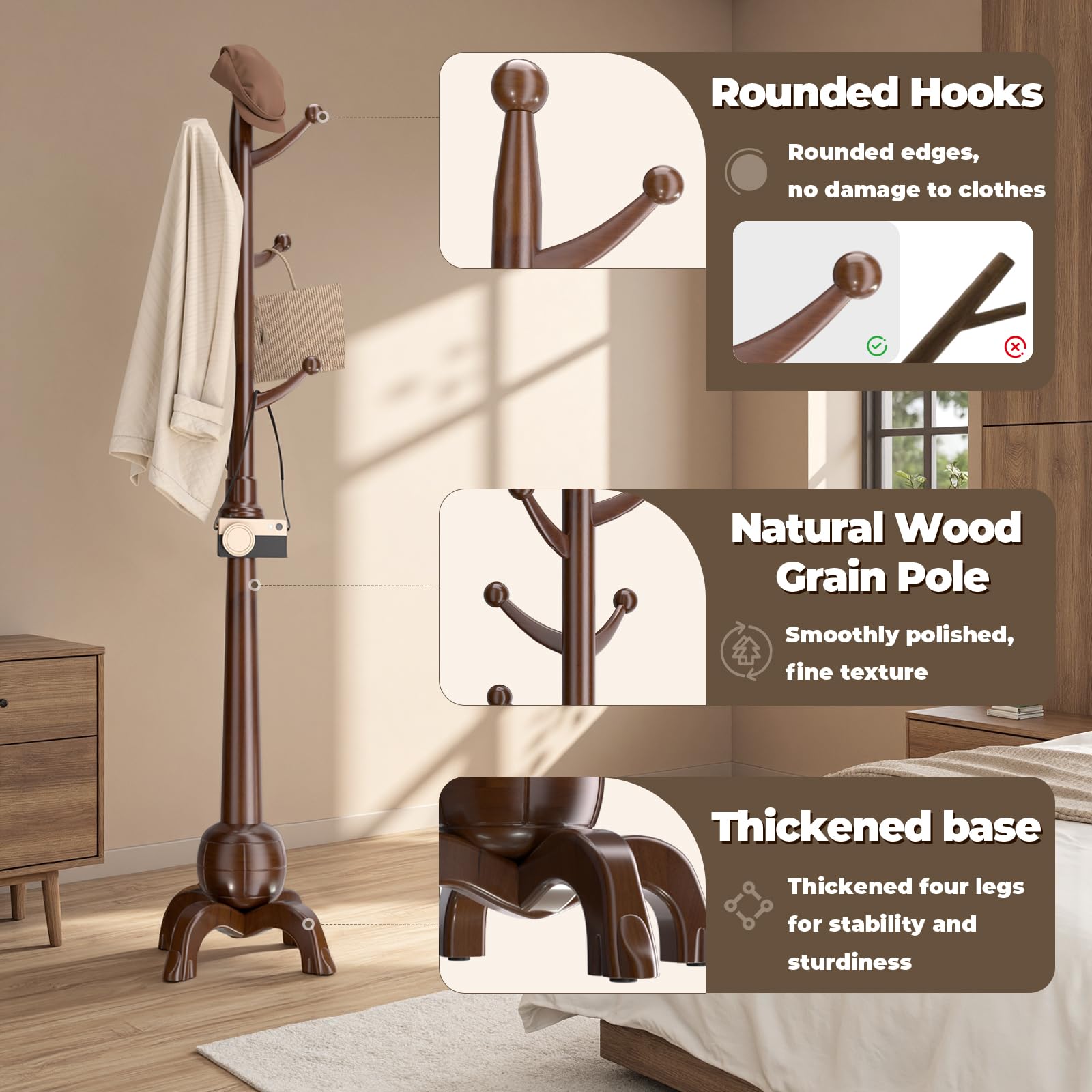 Freestanding Wooden Hall Tree with 8 Hooks