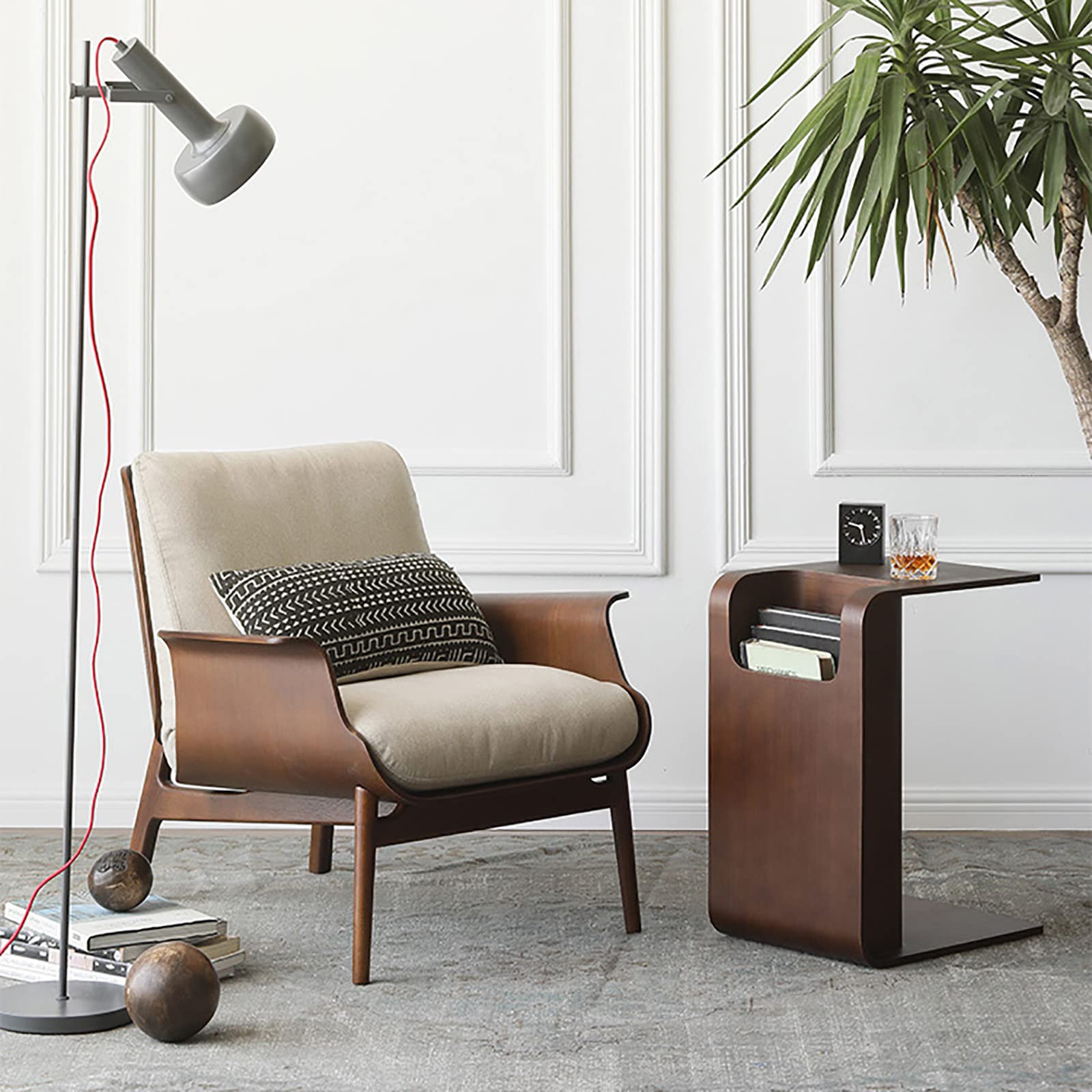 Wood C-Shaped End Table with Storage