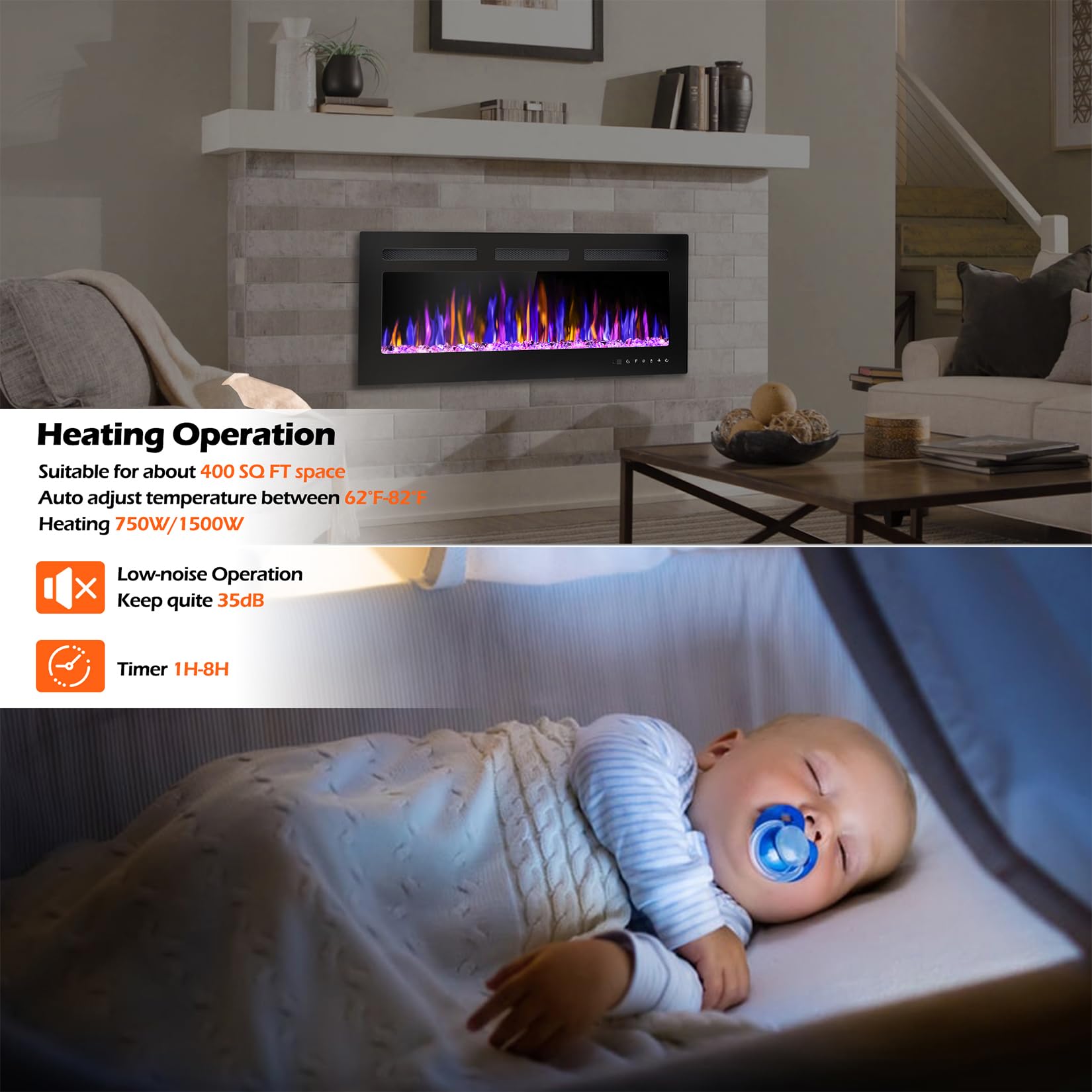 40" Electric Fireplace Wall Mounted Recessed with Remote Control