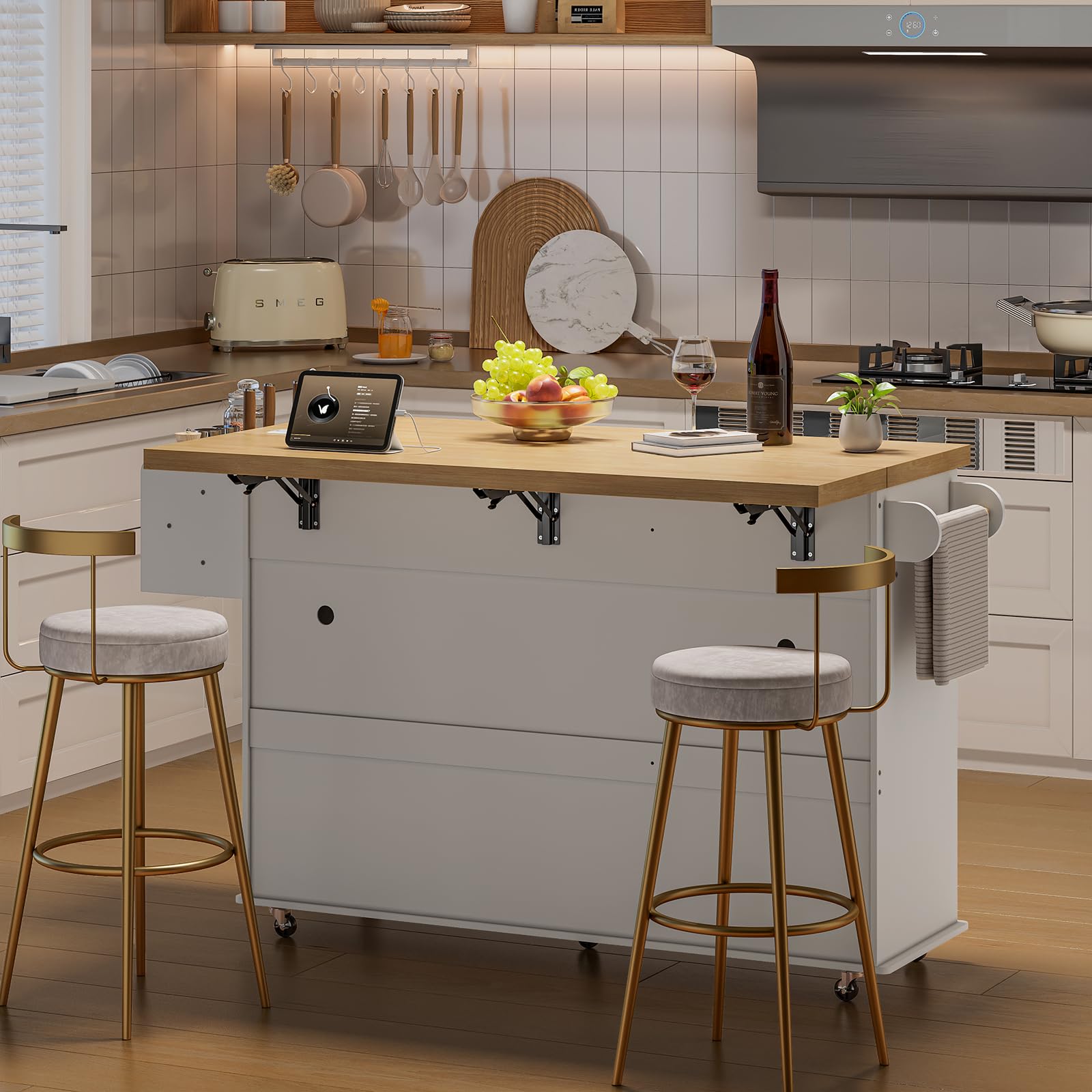 60" Kitchen Island with Power Outlet and Drop Leaf