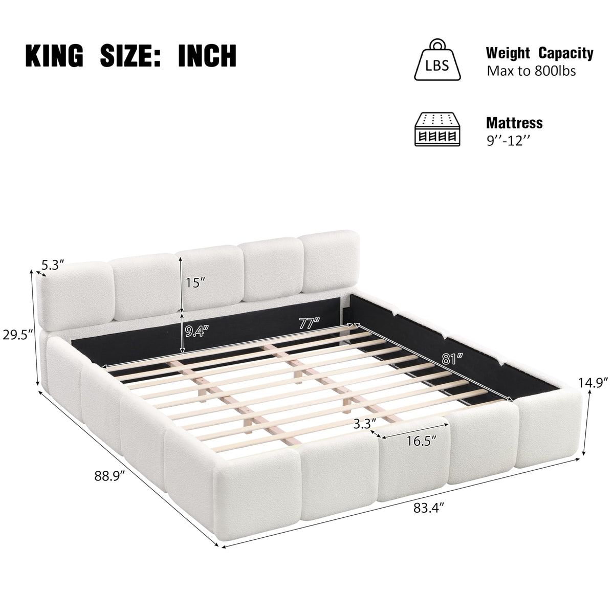 King Size Boucle Platform Bed with Thick Headboard
