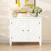 Distressed White Storage Cabinet with Carved Doors