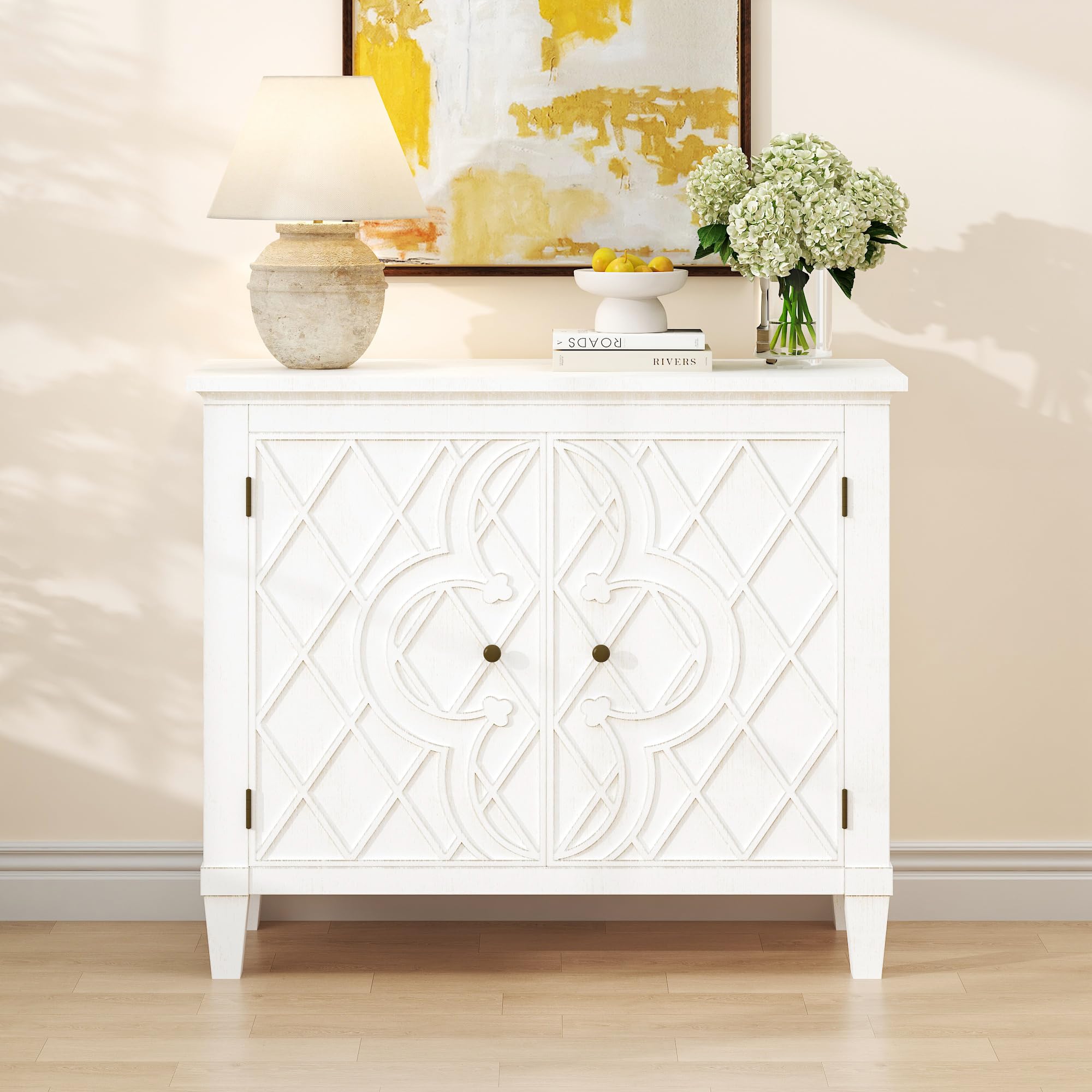 Distressed White Storage Cabinet with Carved Doors