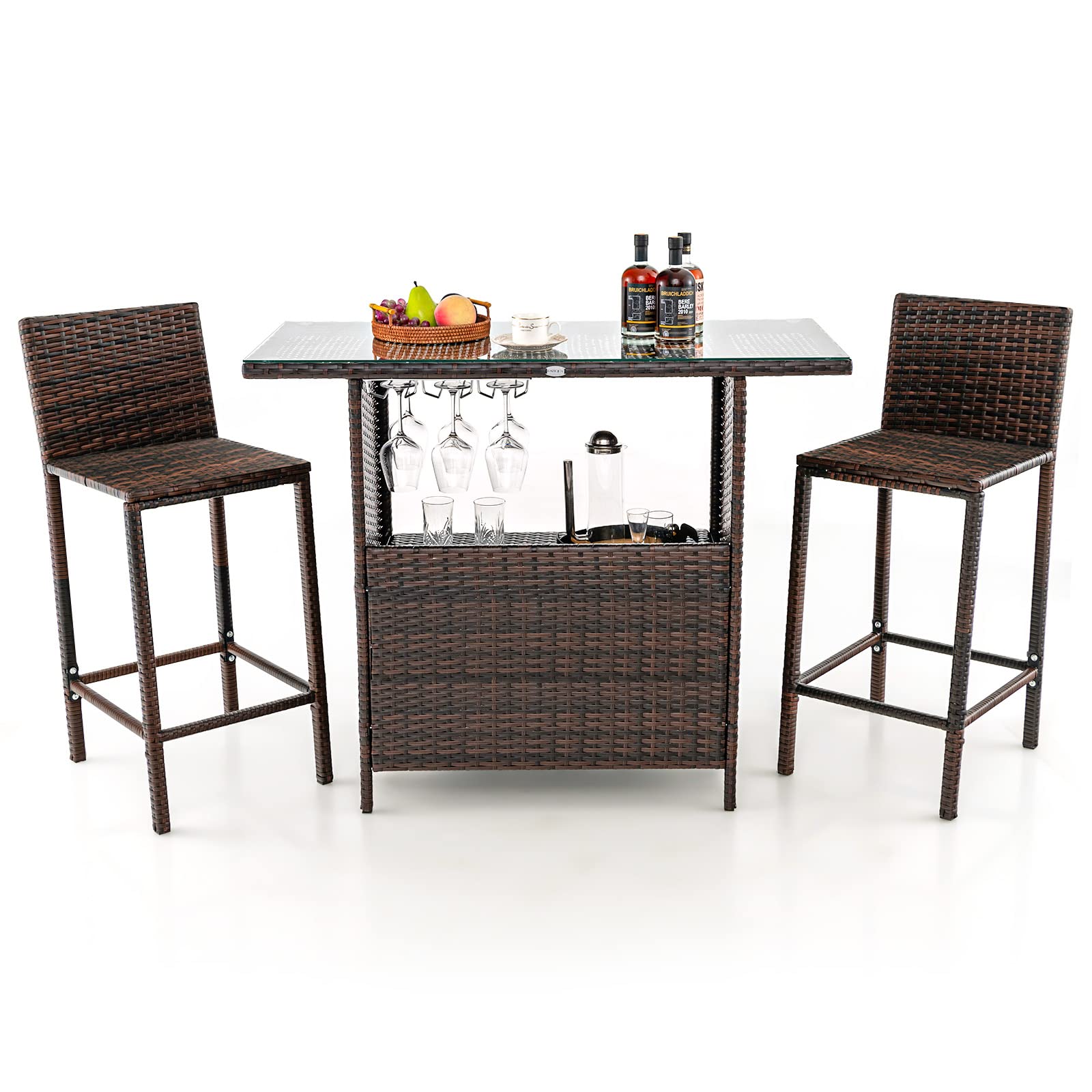 3-Piece Outdoor Bar Set with Stemware Racks