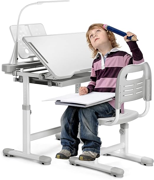 Height Adjustable Kids Desk and Chair Set with LED Light