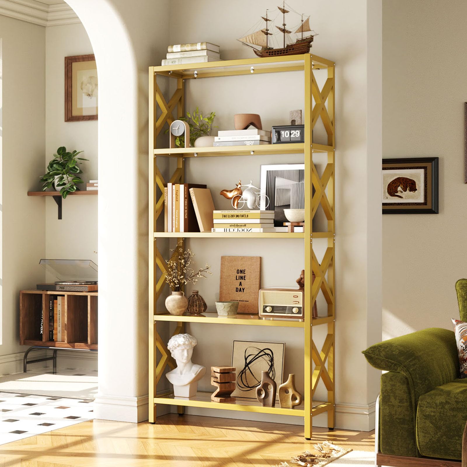 5-Tier Glass Bookshelf with LED Light