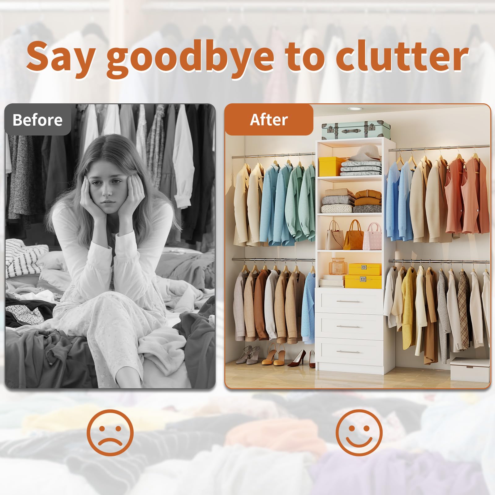 Closet Organizer System with 6 Drawers and 8 Hanging Rods