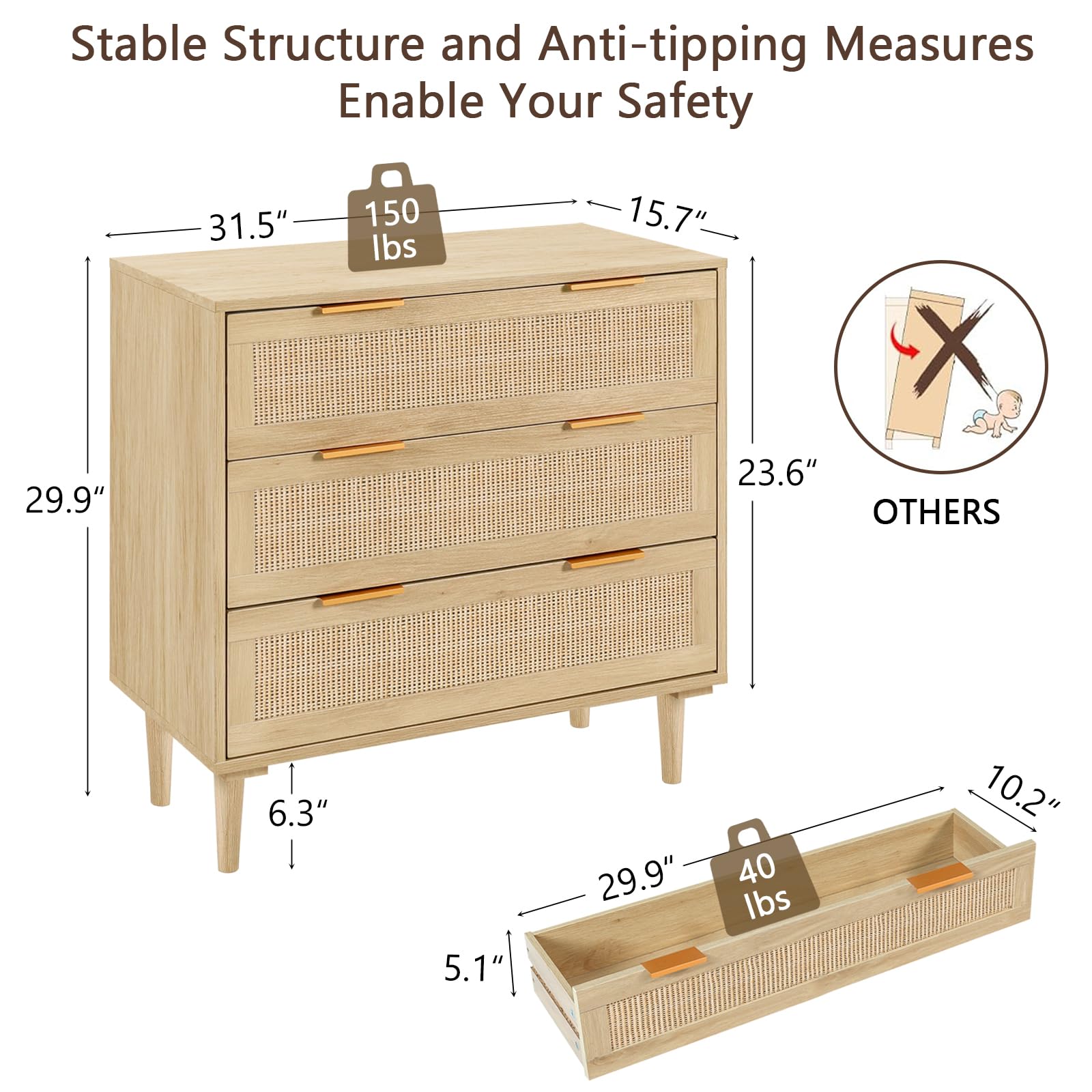 3 Drawer Rattan Dresser with Gold Handles - Light Oak