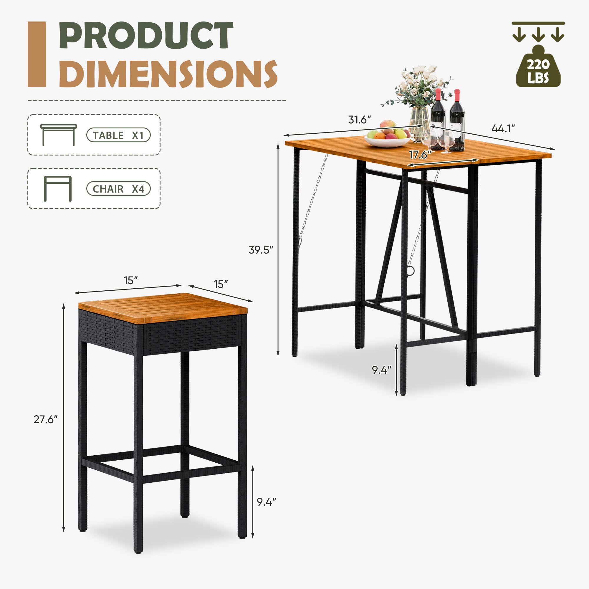5-Piece Acacia Wood Bar Height Patio Set