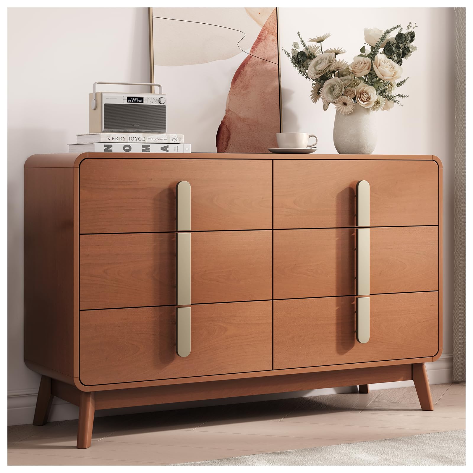 6-Drawer Mid Century Modern Dresser 47" Wide Cherry Wood