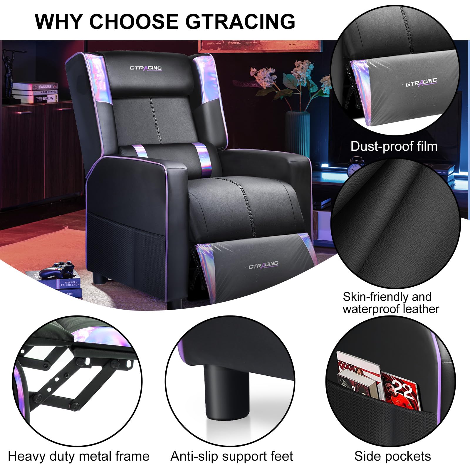 GTRACING Gaming Recliner Chair for Living Room Racing Style Single PU Leather Gaming Sofa for Adults Modern Game Recliners Ergonomic Comfortable Home Theater Seating, Purple