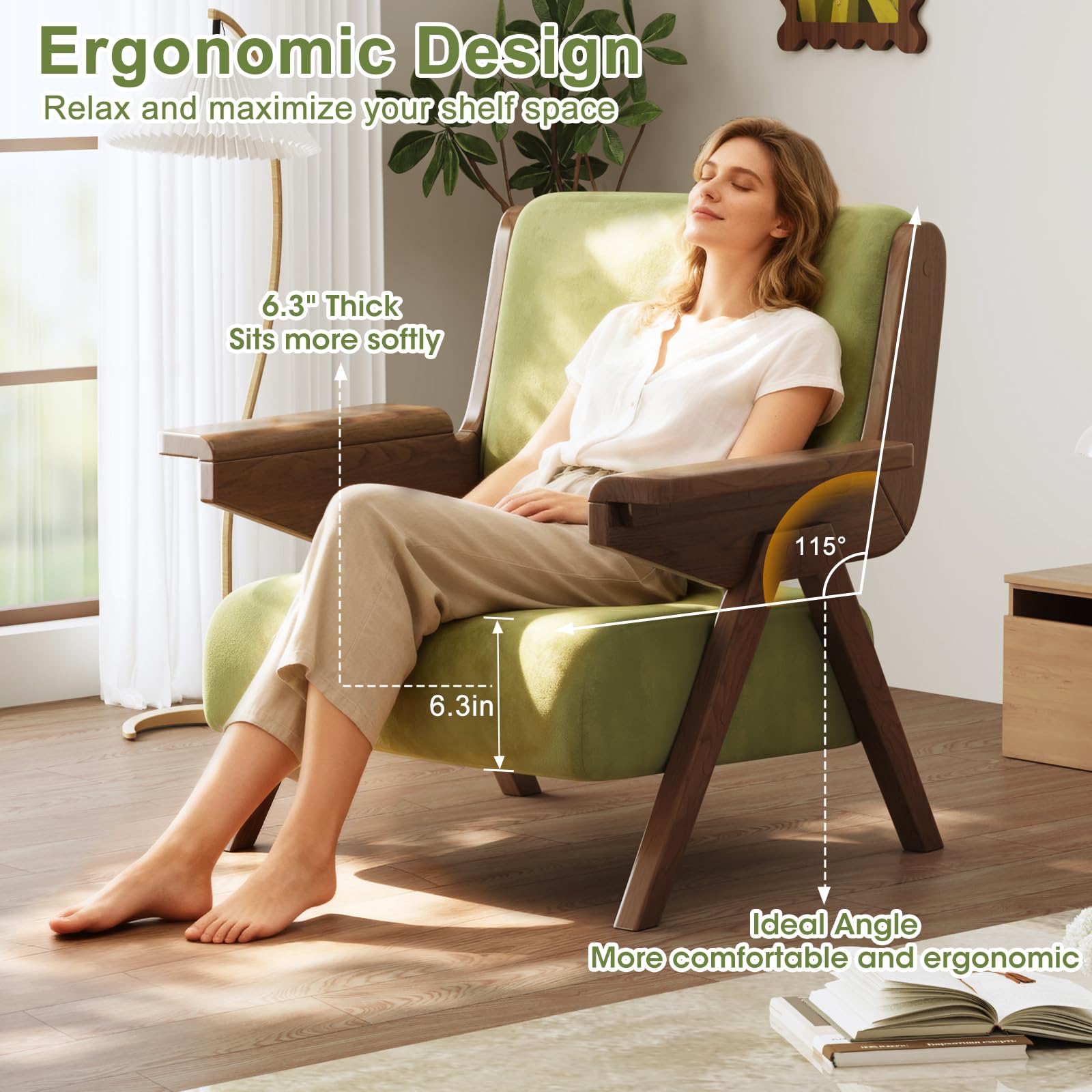 Velvet Accent Chair Solid Wood Frame Green