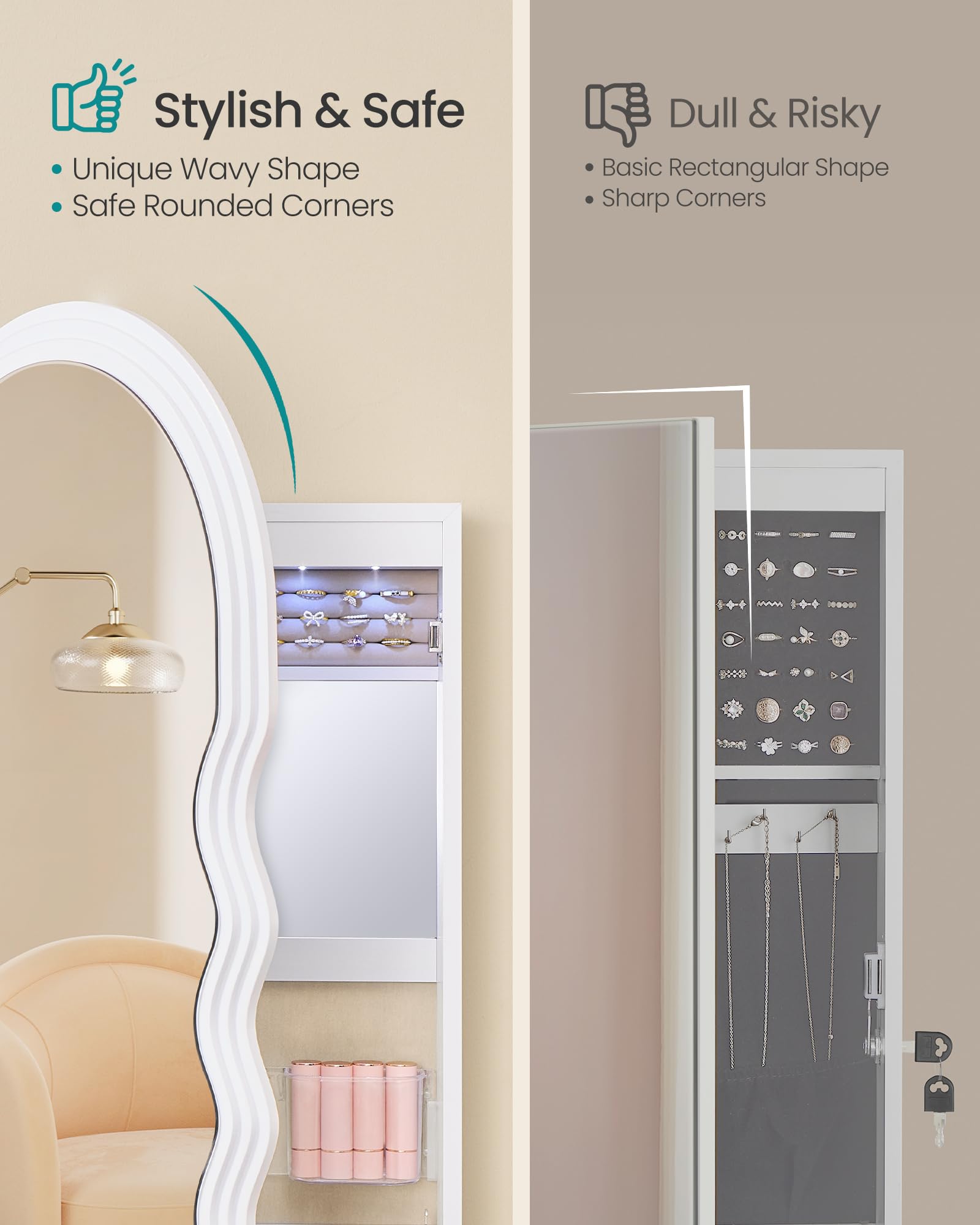 Wall-Mounted Mirror Jewelry Cabinet with LED Lights